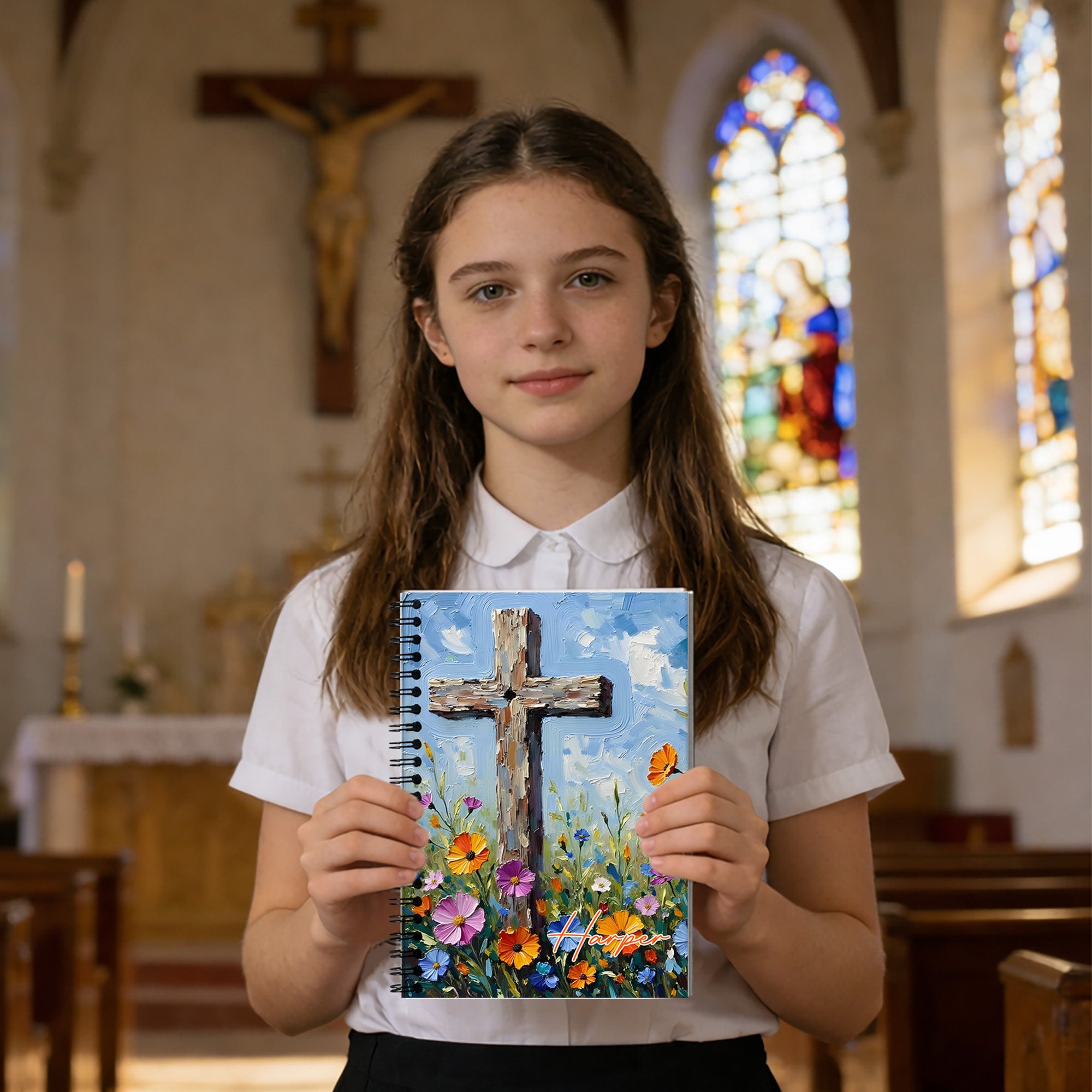 Cuaderno de espiral A5 con nombre y 120 páginas rayadas Personalizado Flor Cruz Cumpleaños Vuelta al cole Regalo de cumpleaños para estudiante cristiano