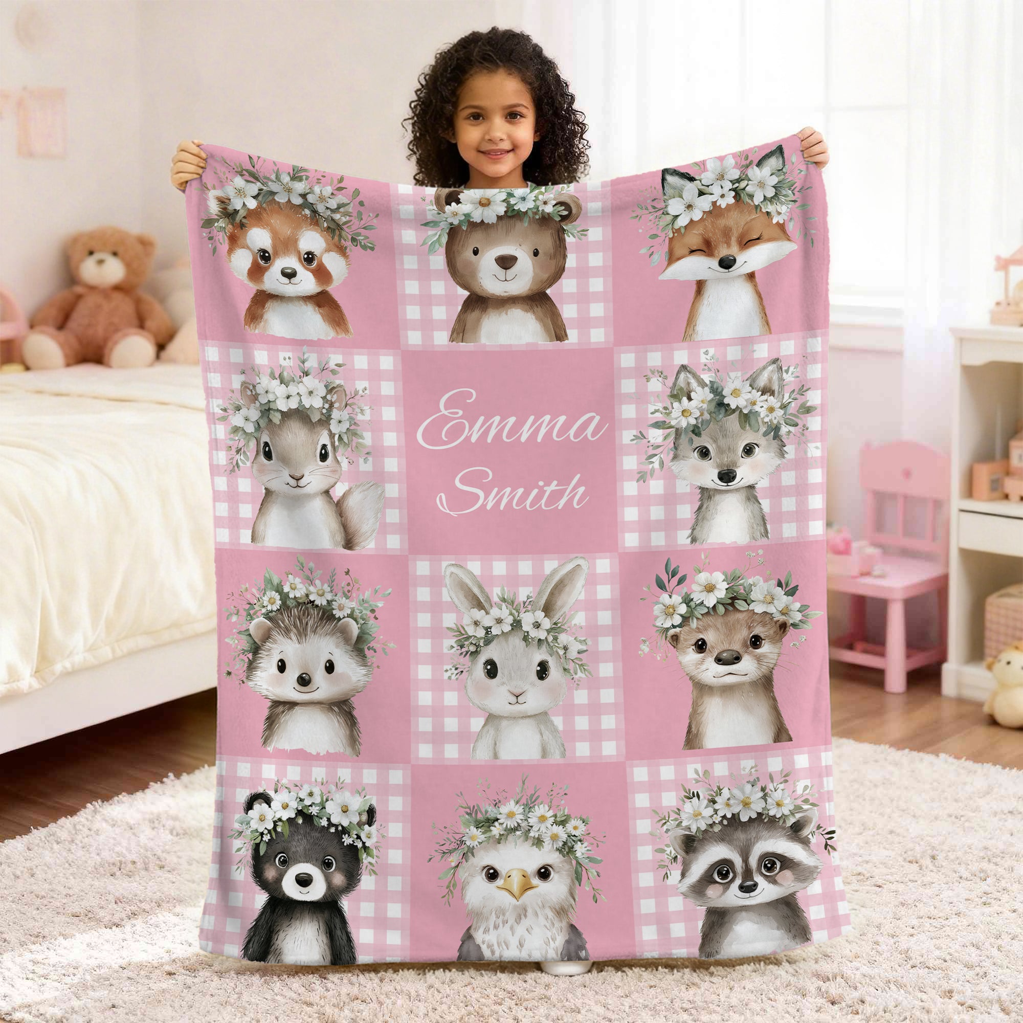 Mantas personalizadas con nombre de animalitos en forma de guirnalda de flores Decoración para el hogar Regalo de cumpleaños y Navidad para niños
