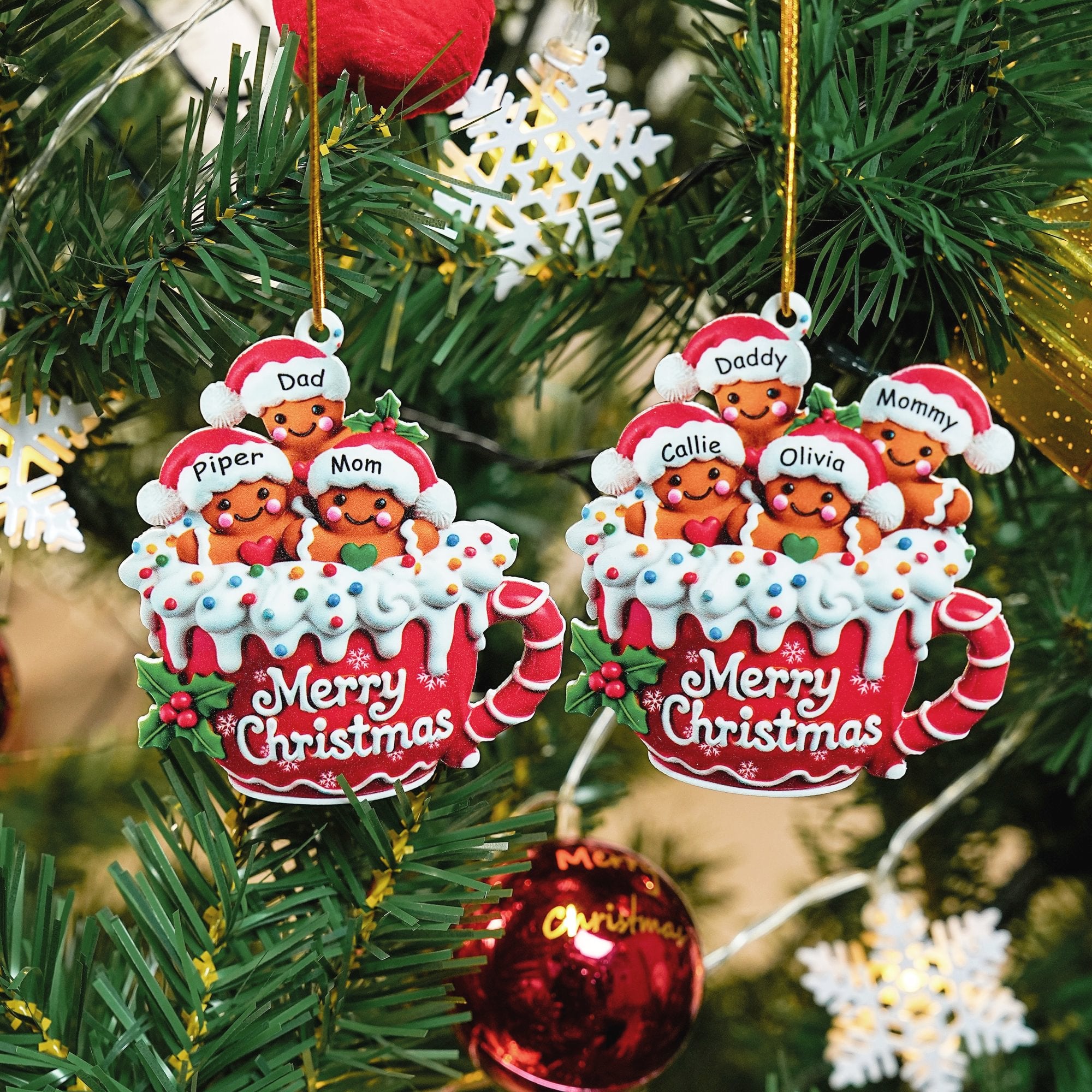 Personalizado 3-6 Gingerbread taza de cacao de doble cara de impresión Adorno de Navidad con nombre Decoración del hogar Feliz Navidad Regalo para amigos de la familia