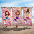 Toalla de playa de microfibra de secado rápido personalizada con el nombre de la sirena de dibujos animados Dreamy Shine Fiesta de verano en la playa Regalo de cumpleaños para mujeres Niñas