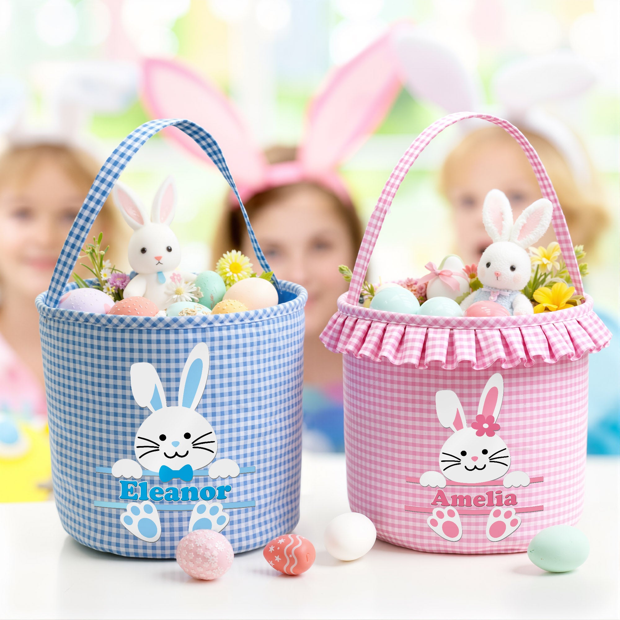 Personalizado lindo conejito Plaid Cesta de Pascua con el nombre de Pascua Huevos de Caza Día de Pascua de Regalo para Niños Niñas