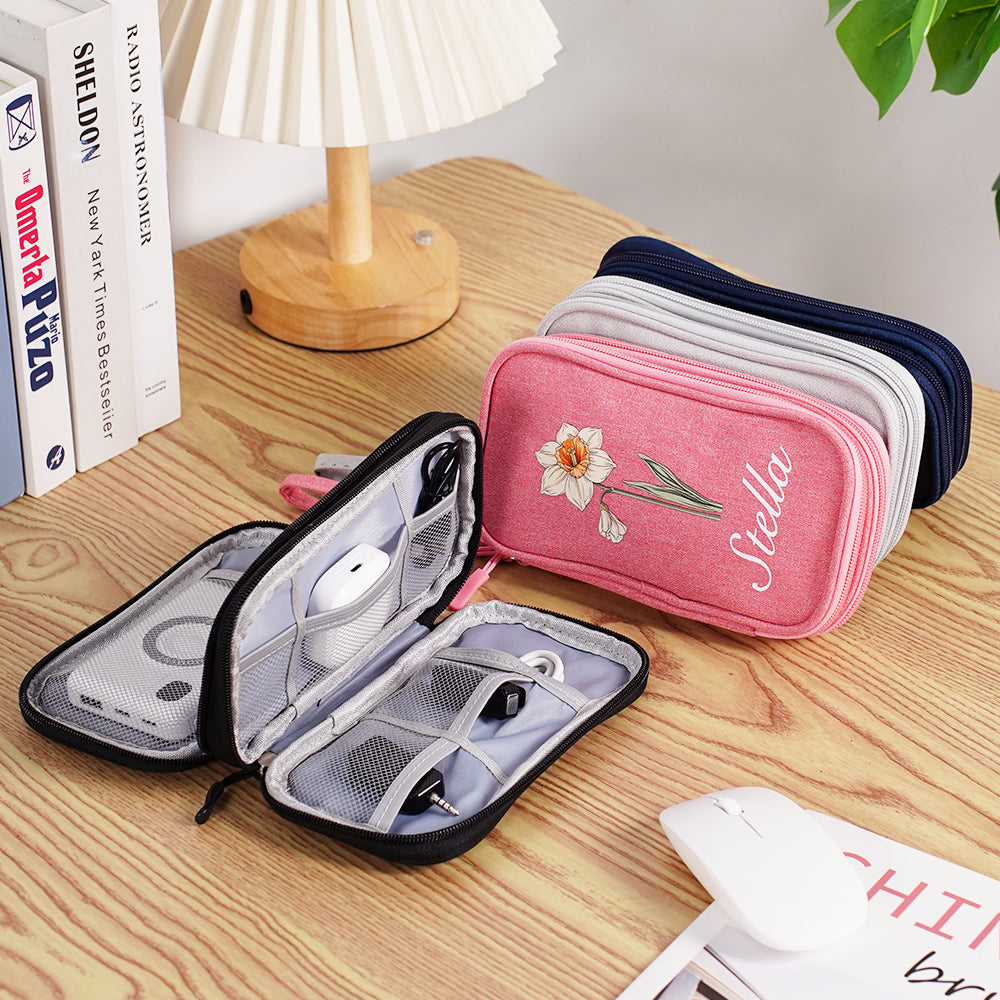 Personalizado de nacimiento portátil de doble capa de la flor del cordón bolsa de almacenamiento con el nombre de viaje de oficina esencial regalo de cumpleaños para las mujeres