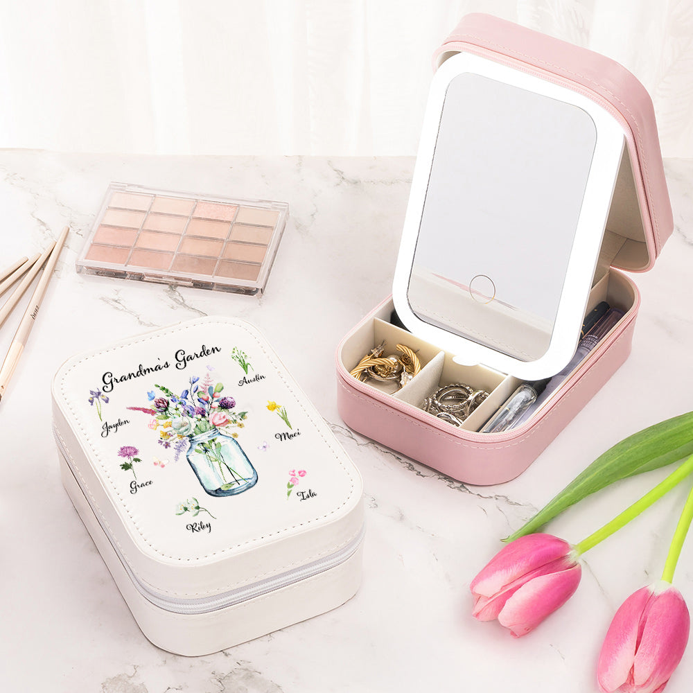 Personalizado 1-6 Nacimiento Flor Joyero de cuero con LED de tres colores Espejo de maquillaje de viaje esencial Día de la Madre Regalo de cumpleaños para mamá abuela