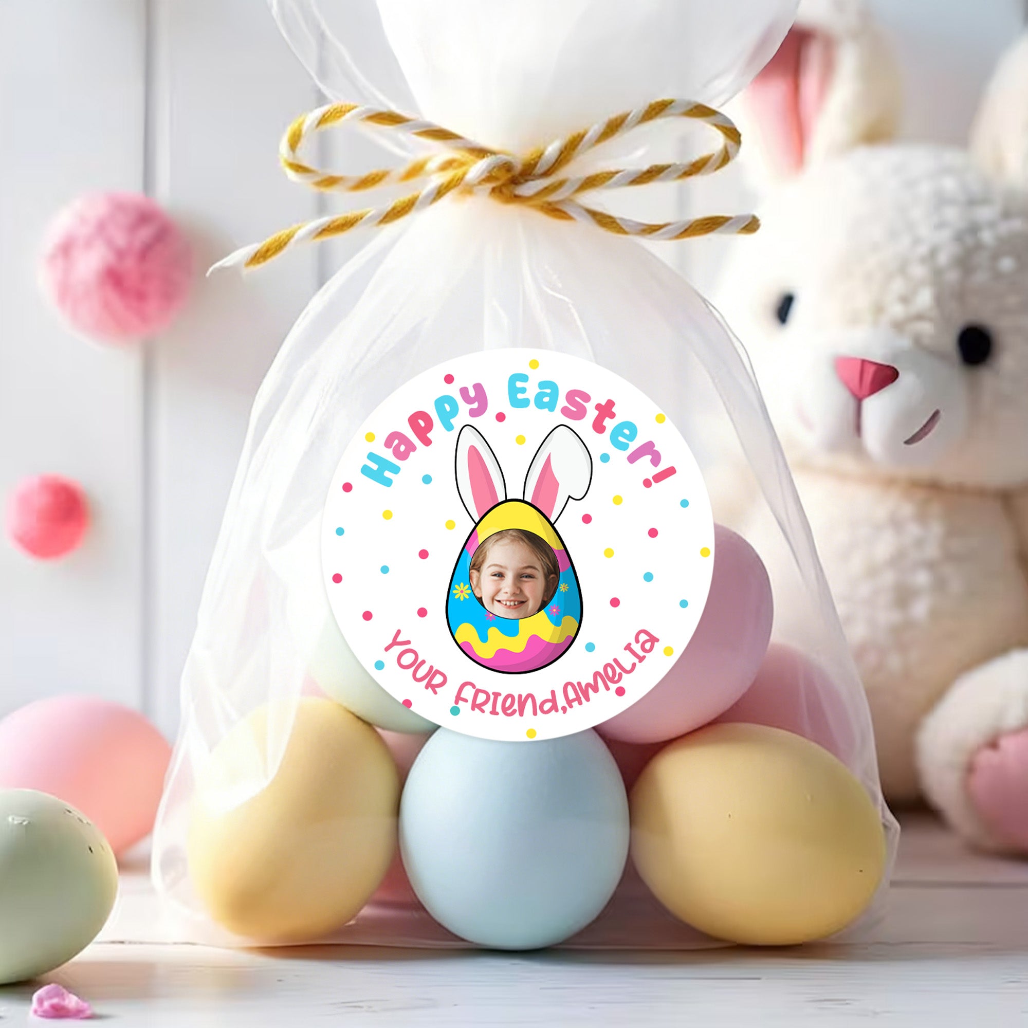 Juego de 2 etiquetas adhesivas de Pascua personalizadas con nombre y foto para decorar la fiesta de Pascua.