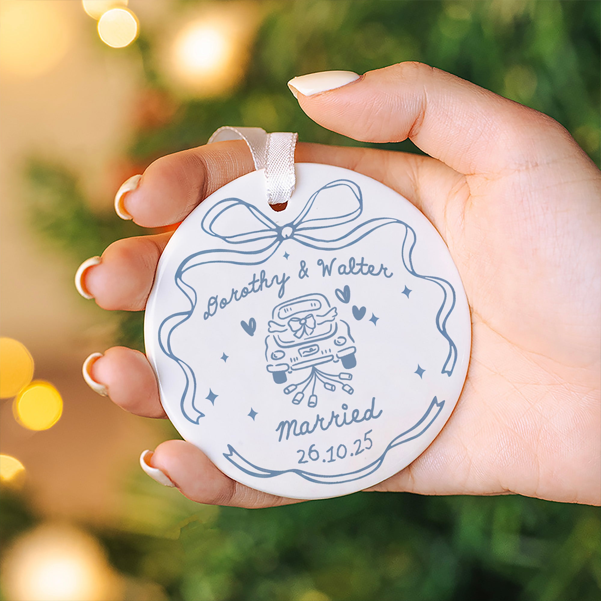 Personalizada romántica boda arco ornamento de cerámica con el nombre y la fecha de Navidad decoración del árbol de regalo de boda para los recién casados Parejas