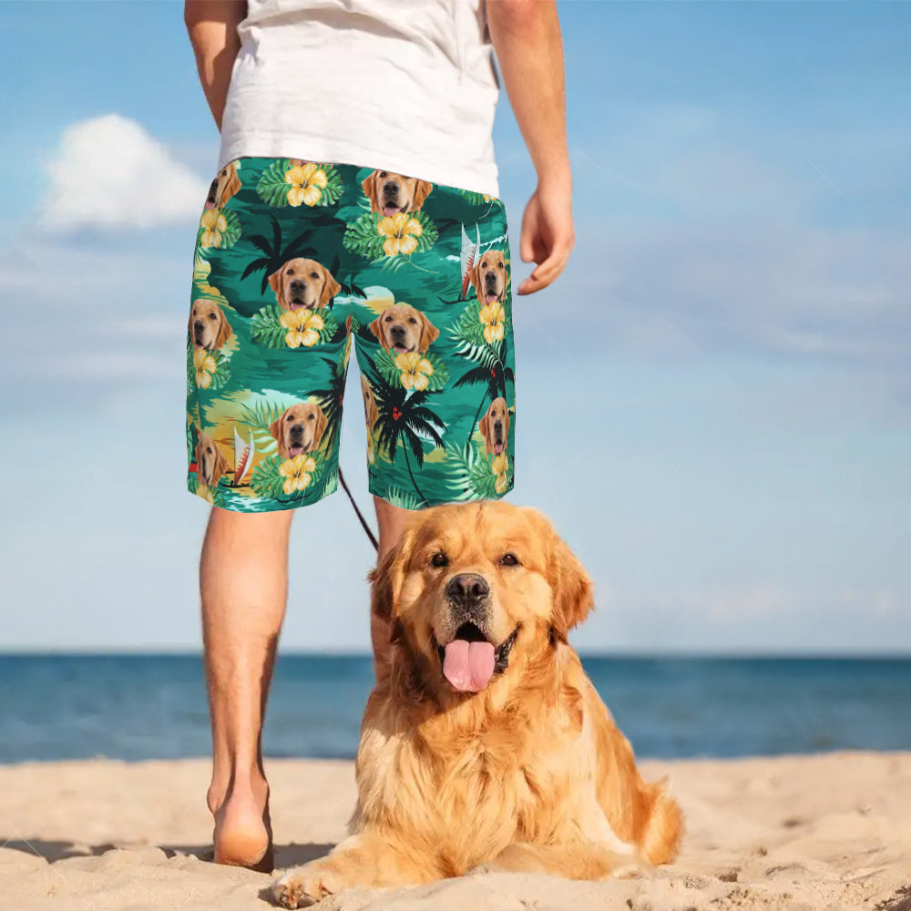 Pantalones cortos de playa personalizados con tema hawaiano, palmeras, foto de mascota y cordón para viajes de verano Regalo de cumpleaños esencial para hombres amantes de las mascotas