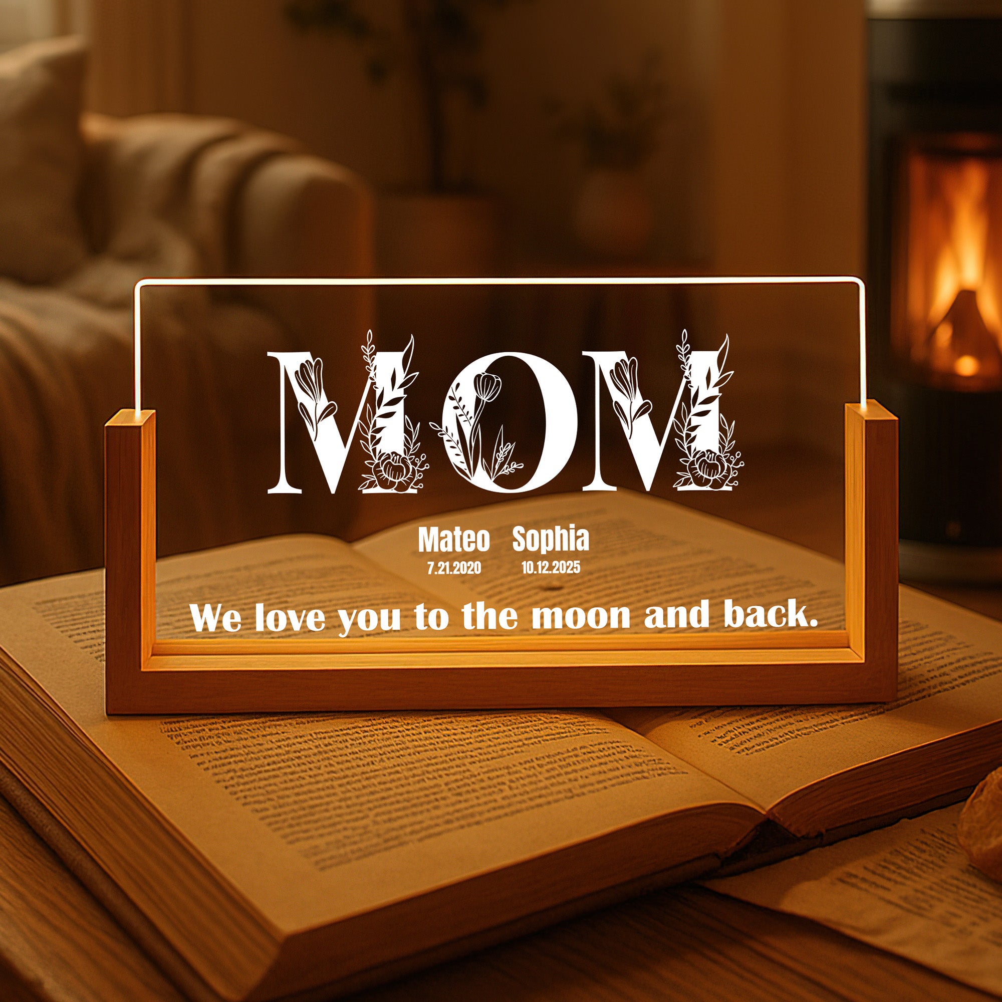 Título floral personalizado LED acrílico luz de noche con 1-8 nombres fechas texto y base de madera decoración del hogar regalo de Navidad para la familia