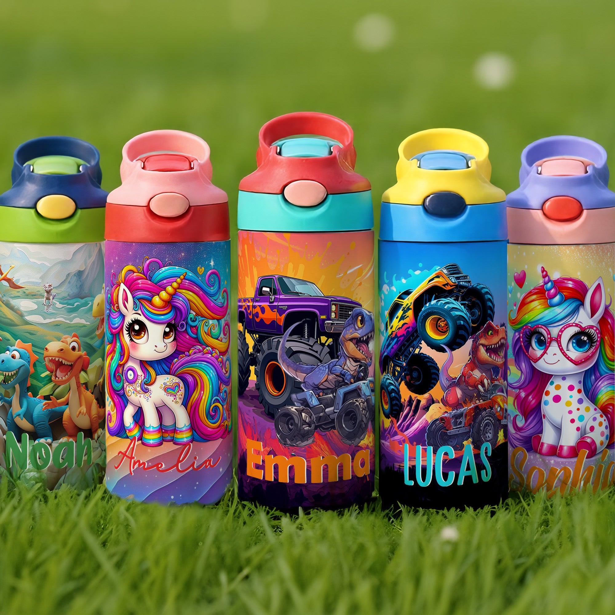 Botella isotérmica de agua para niños con nombre, asa y pajita de silicona Personalizada Dinosaurio Fantasía Unicornio 12 oz Regalo de cumpleaños de vuelta al cole para niños
