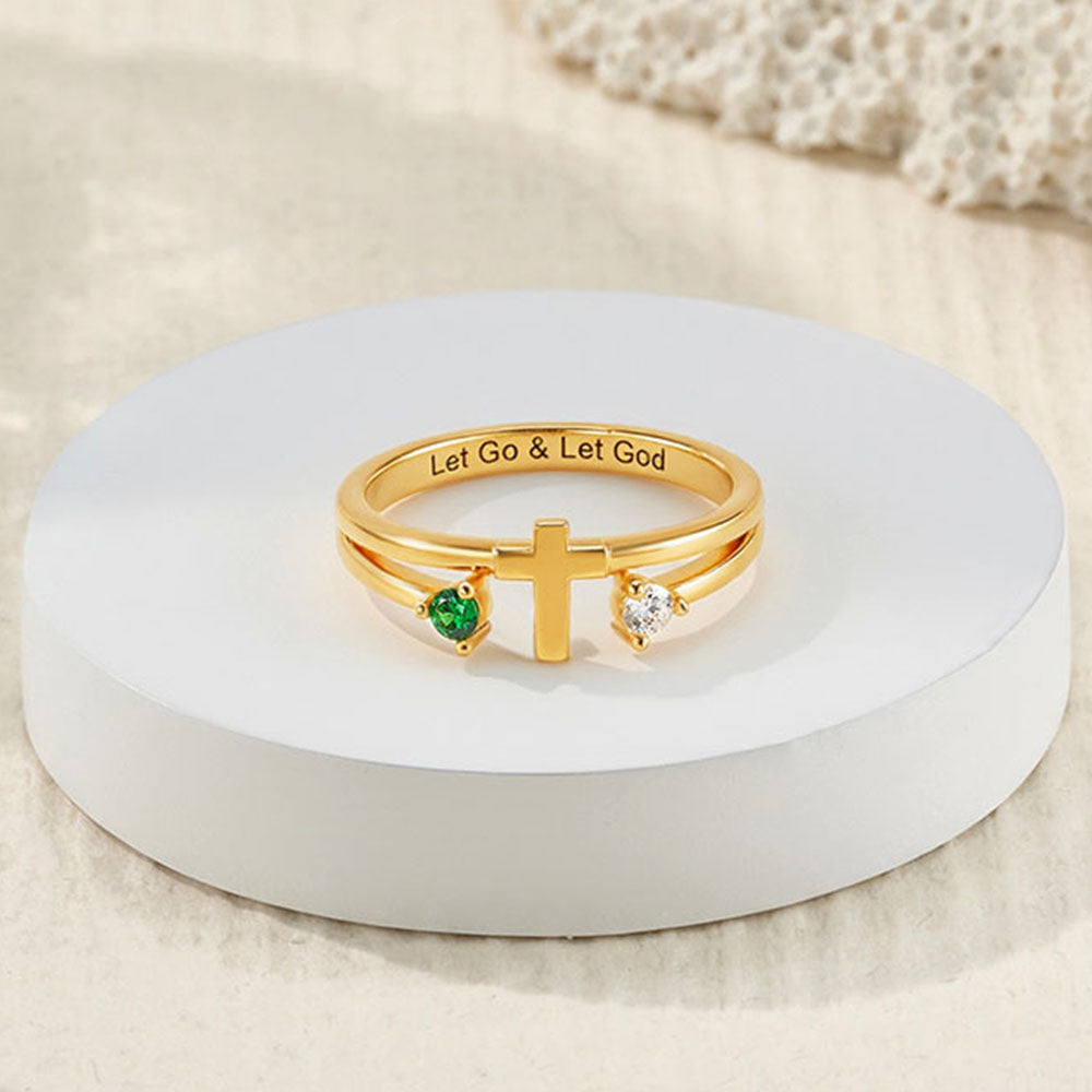 Personalizada Doble Birthstones Cruz Anillo Dainty Joyería con Texto Grabado Cumpleaños Aniversario Regalo para Mujeres Cristianas Parejas