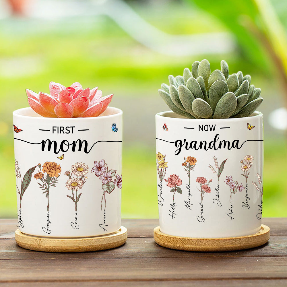 Maceta Suculenta de Cerámica Personalizada Primera Mamá Ahora Abuela 1-12 Flores de Nacimiento con Nombres y Base de Bambú Regalo del Día de la Madre para Mamá Abuela