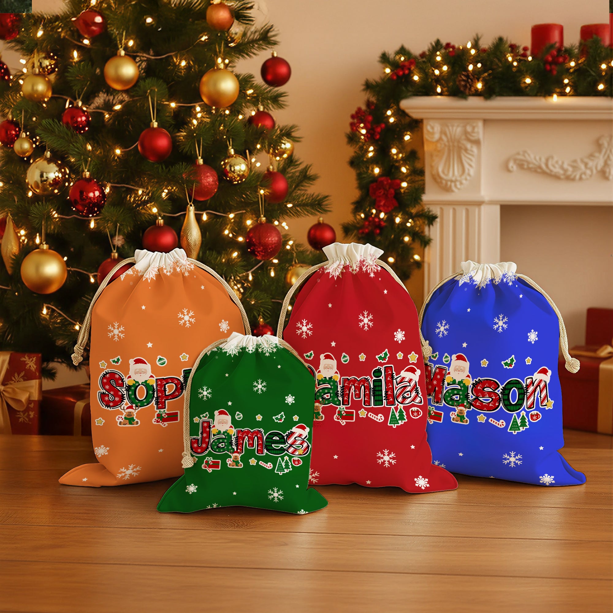 Personalizada Santa Claus Alce Elemento de Navidad Alfabeto Bolsa de regalo de lona de cordón con nombre Regalo de Navidad para los niños