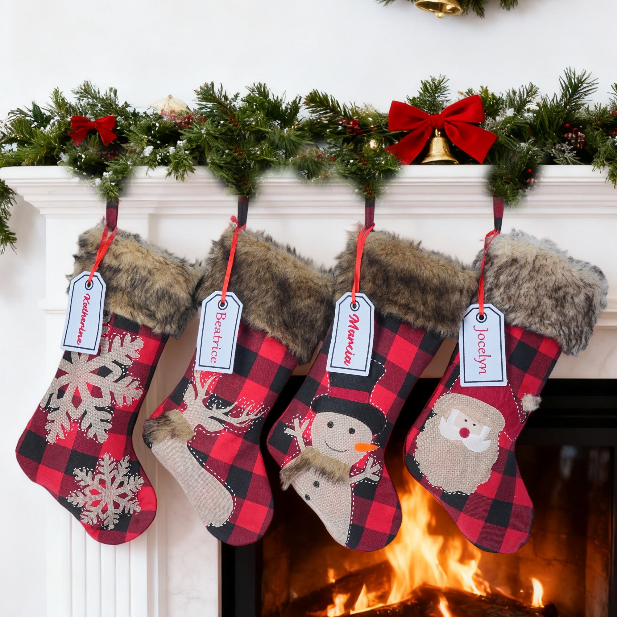 Personalizado bordado de piel sintética de búfalo Plaid Medias de Navidad con nombre Decoración de Navidad Regalo de Navidad para la familia Kid