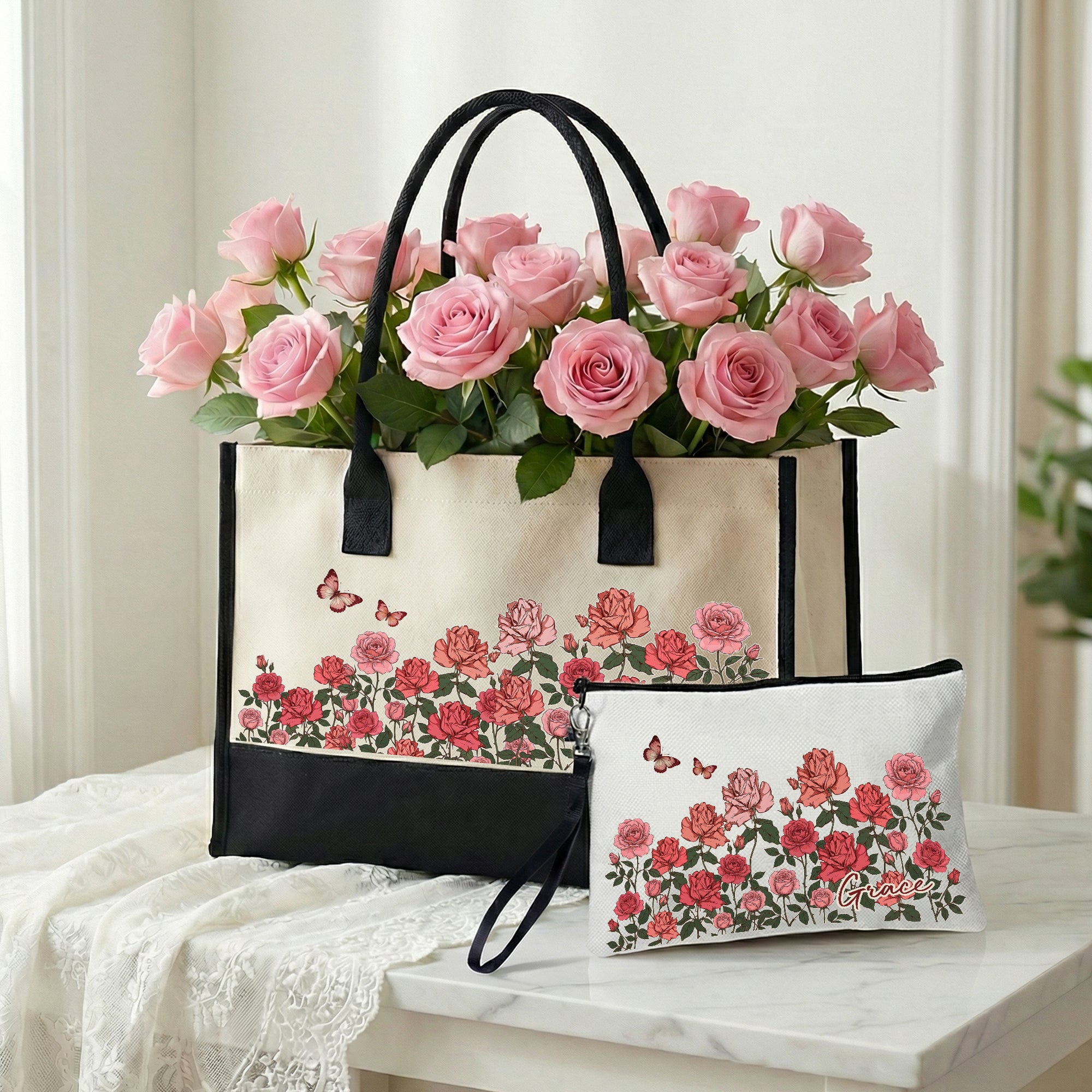 Personalizado Nacimiento Flor Bolsa Tote Grande Bolsa de Maquillaje Portátil con Nombre Cumpleaños Día de la Madre Regalo para Mamá Abuela Familia