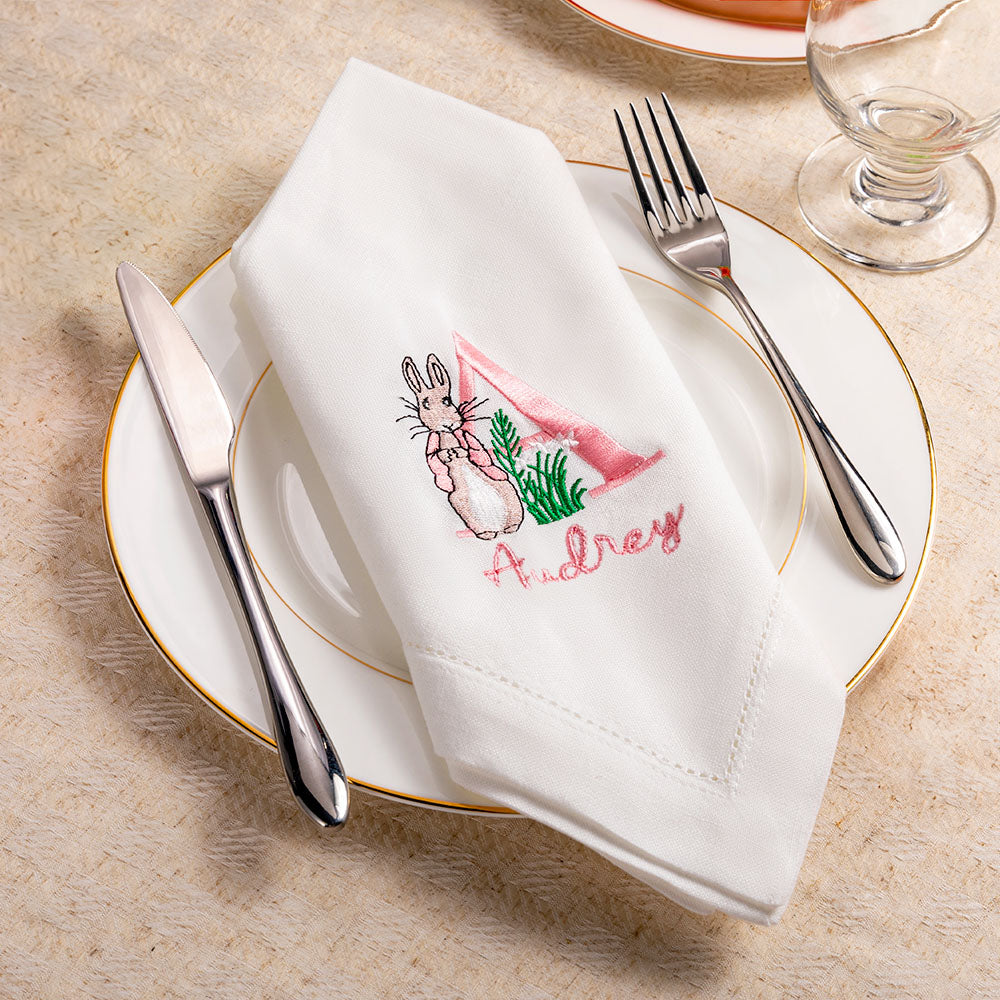 Servilleta de Lino Personalizada Peter Rabbit con Inicial y Nombre Bordados Decoración de Mesa de Pascua Regalo para Amigos de la Familia