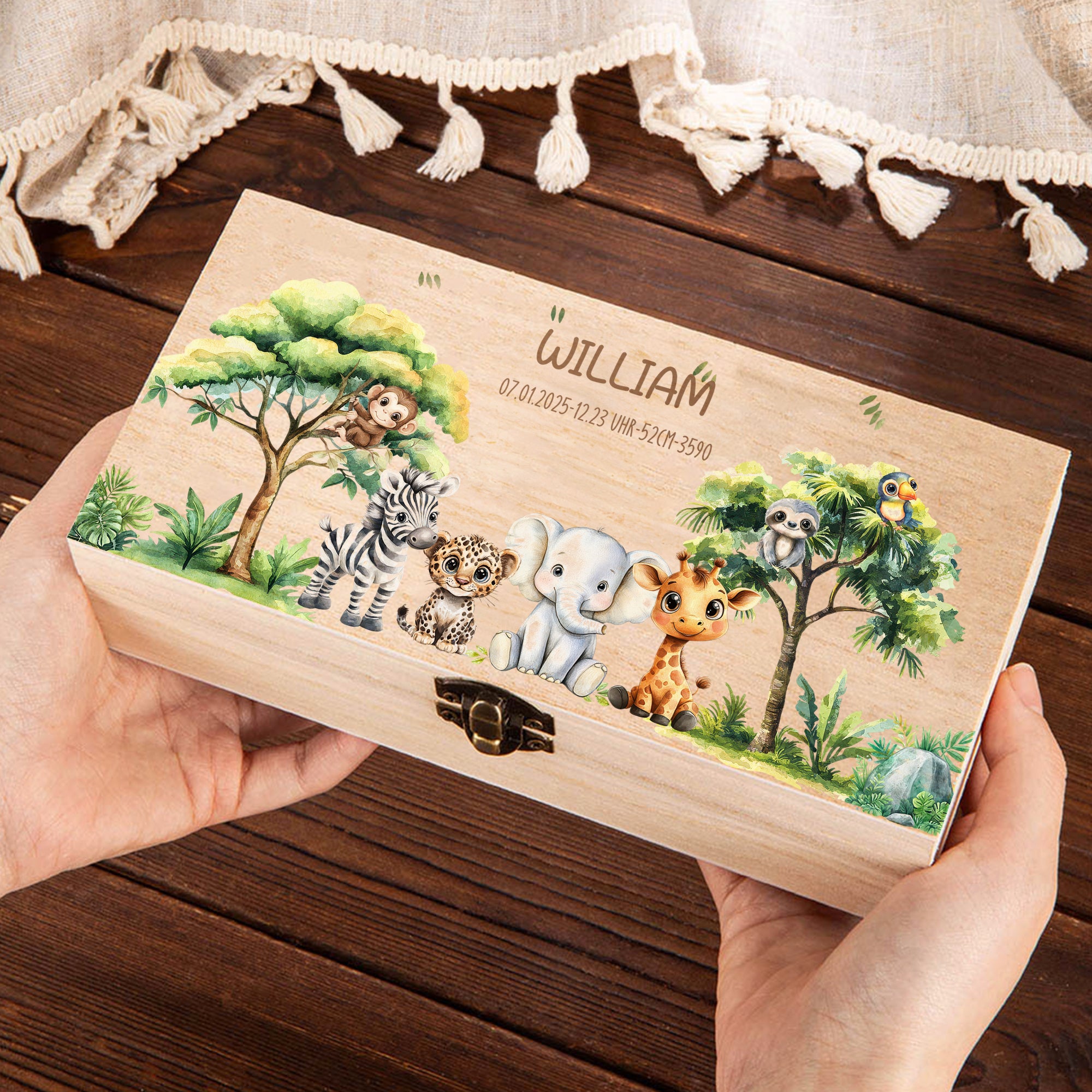 Caja de madera para recuerdos con nombre y texto Personalizada Animales de la selva de dibujos animados Cumpleaños Baby Shower Regalo para padres recién nacidos