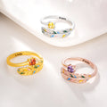Personalizado colorido pluma de la hoja de piedra de nacimiento ajustable anillo abierto con el texto de joyería delicada desgaste diario cumpleaños aniversario regalo para ella