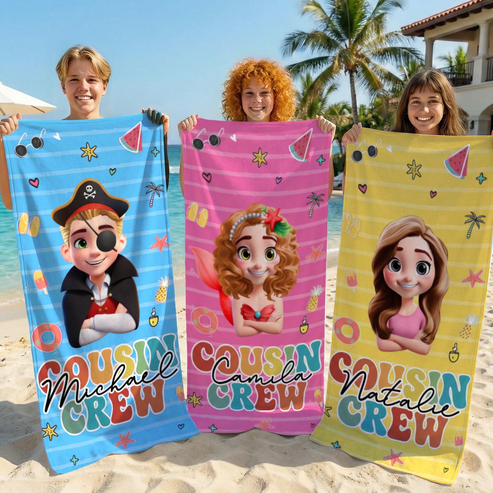 Toalla de playa de microfibra y bolsa de cordón personalizados con el nombre del primo Regalo de cumpleaños para la familia