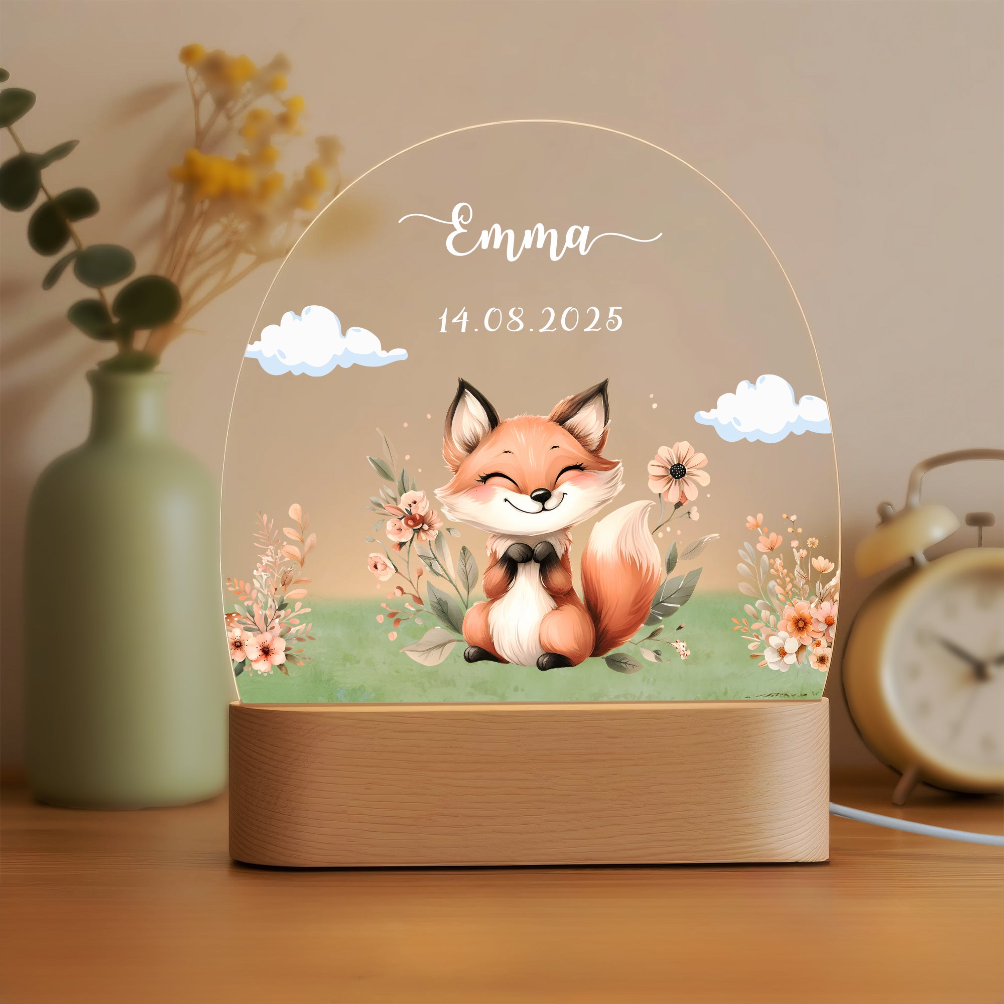Personalizada Oso Zorro Lindo Animal LED Luz de Noche con Base de Madera y Nombre Decoración de Guardería Baby Shower Regalo de Cumpleaños para Niñas Niños