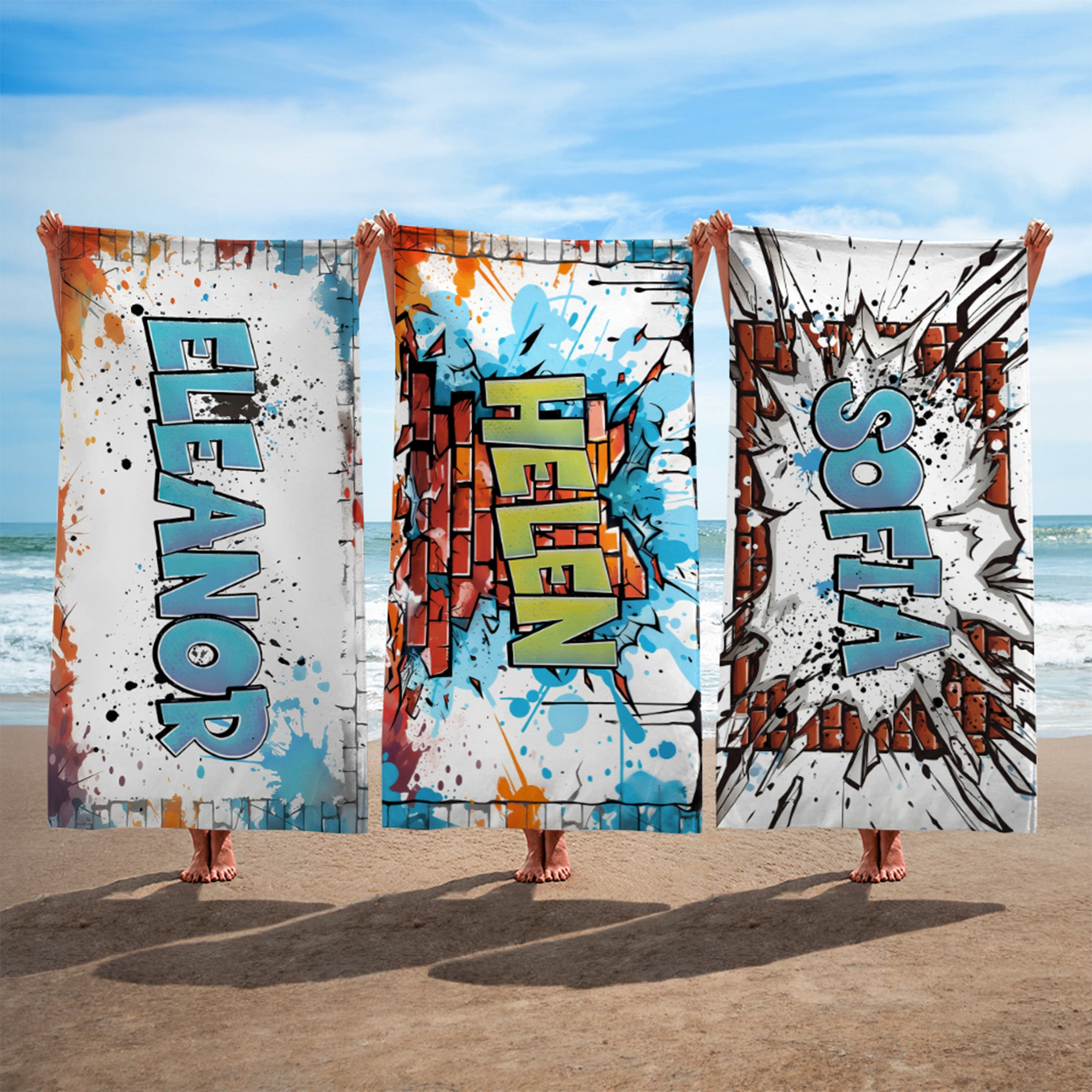 Toalla de playa personalizada de microfibra de secado rápido estilo graffiti con nombre Vacaciones de verano Fiesta en la playa Regalo de cumpleaños para niños Amigos