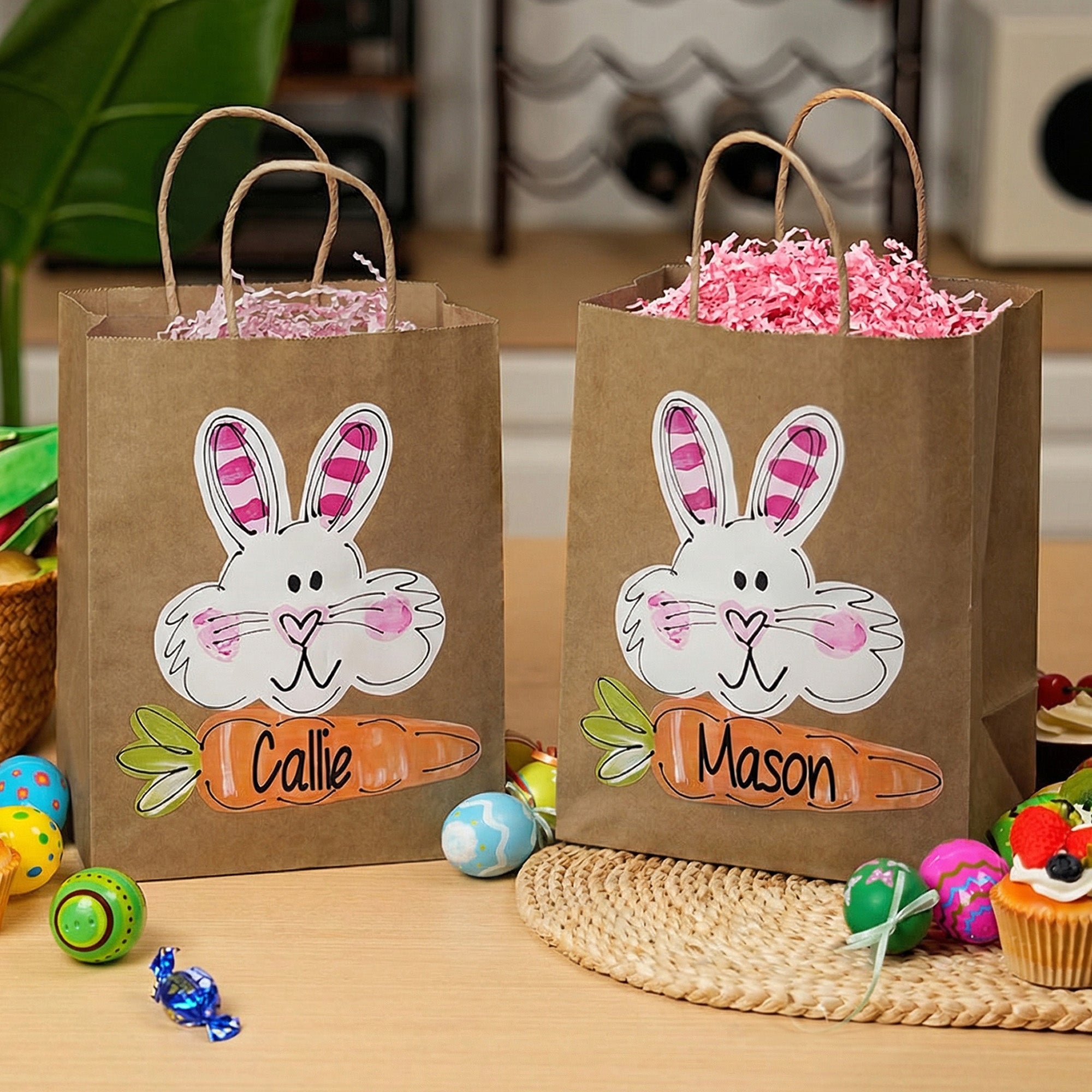 Juego de 3 bolsas de papel kraft personalizadas con conejito y zanahoria con nombre, para regalar a los niños en Pascua.