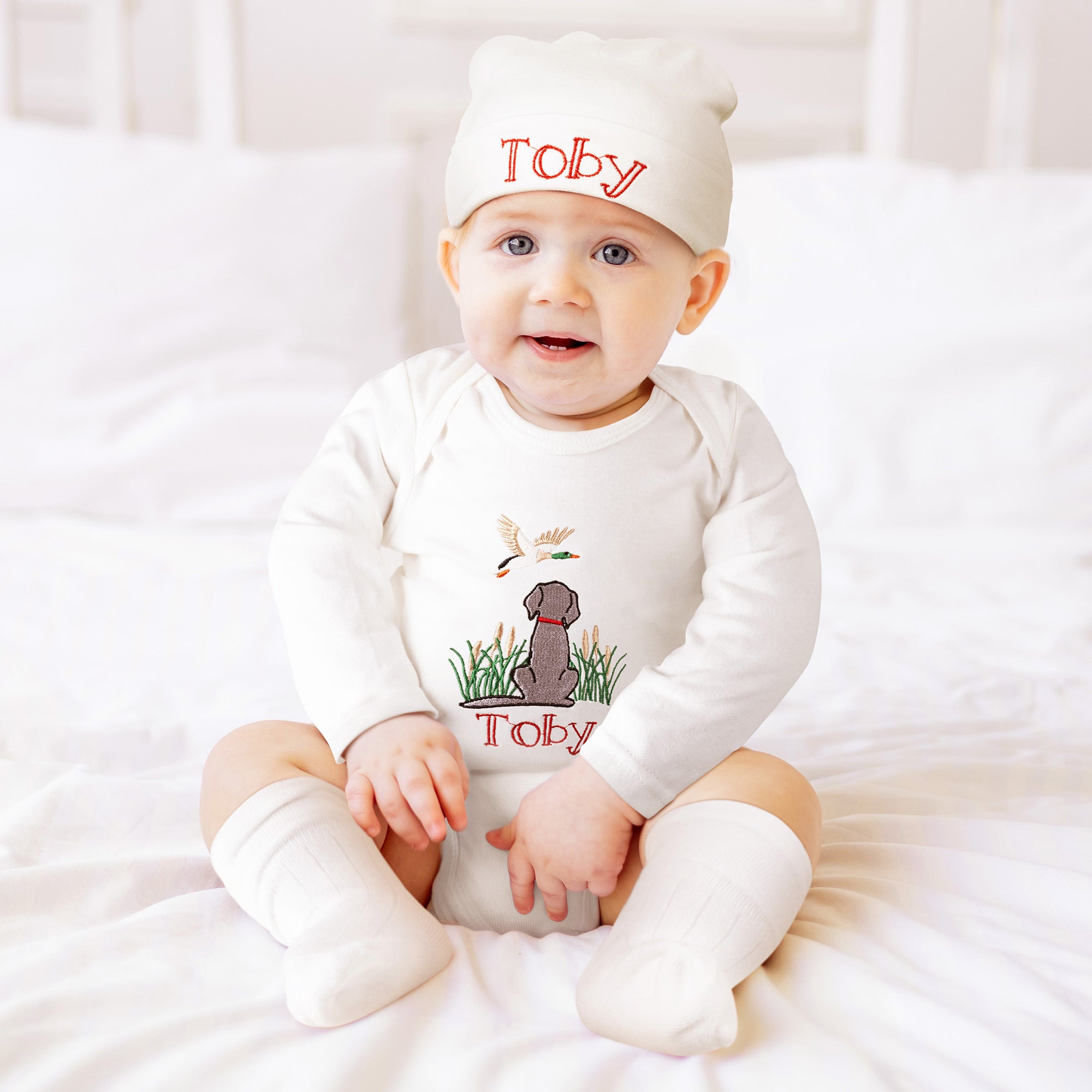 Bordado Personalizado Perro Mallard 100% Algodón Bebé Body con Nombre Baby Shower Cumpleaños Regalo para Bebés Recién Nacidos