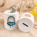 Hucha Cerdito de Cerámica Boho Arco Iris Personalizada con Nombre Regalo de Cumpleaños para Niños Niñas