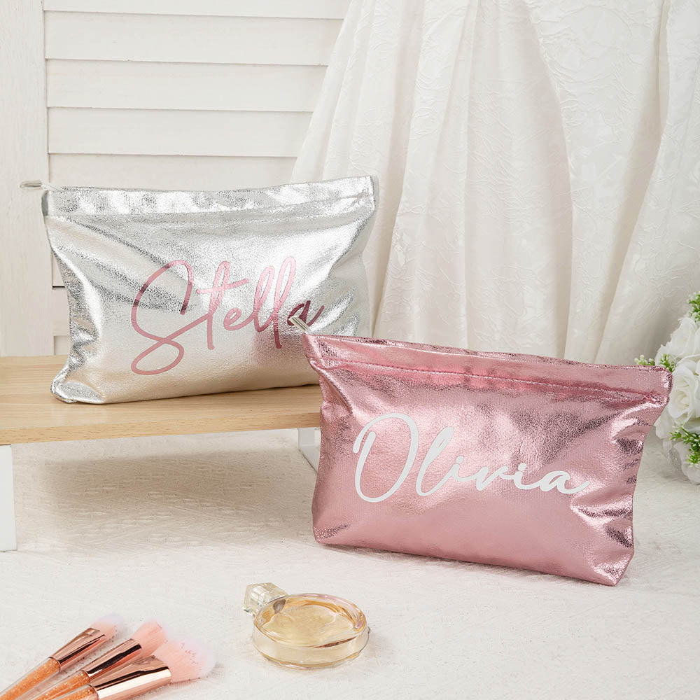 Personalizado grande brillo PU bolsa de maquillaje con nombre despedida de soltera regalo de boda para las mujeres