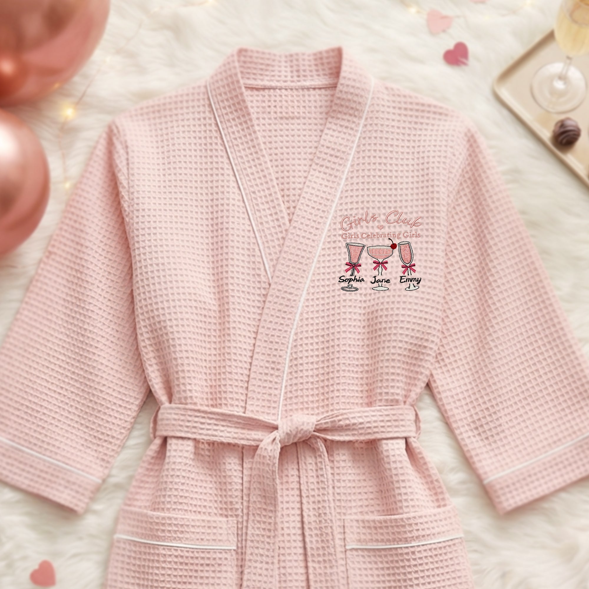 Albornoz personalizado con lazo rosa champán y nombre bordado Regalo de aniversario para fiesta de cumpleaños de las mejores amigas