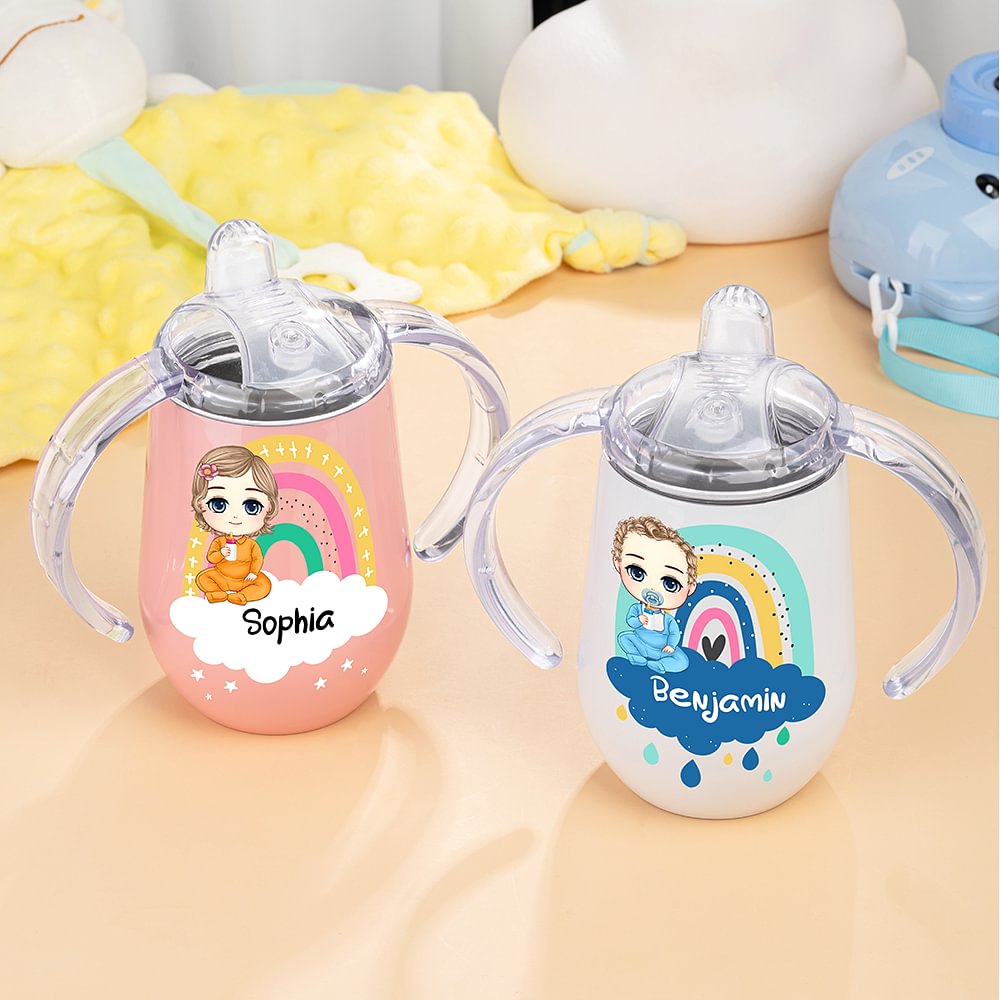 Vaso isotérmico de 10 oz con nombre y asa Personalizado Nube Arco Iris Personaje de Dibujos Animados Regalo de Cumpleaños de Baby Shower para Niño Pequeño