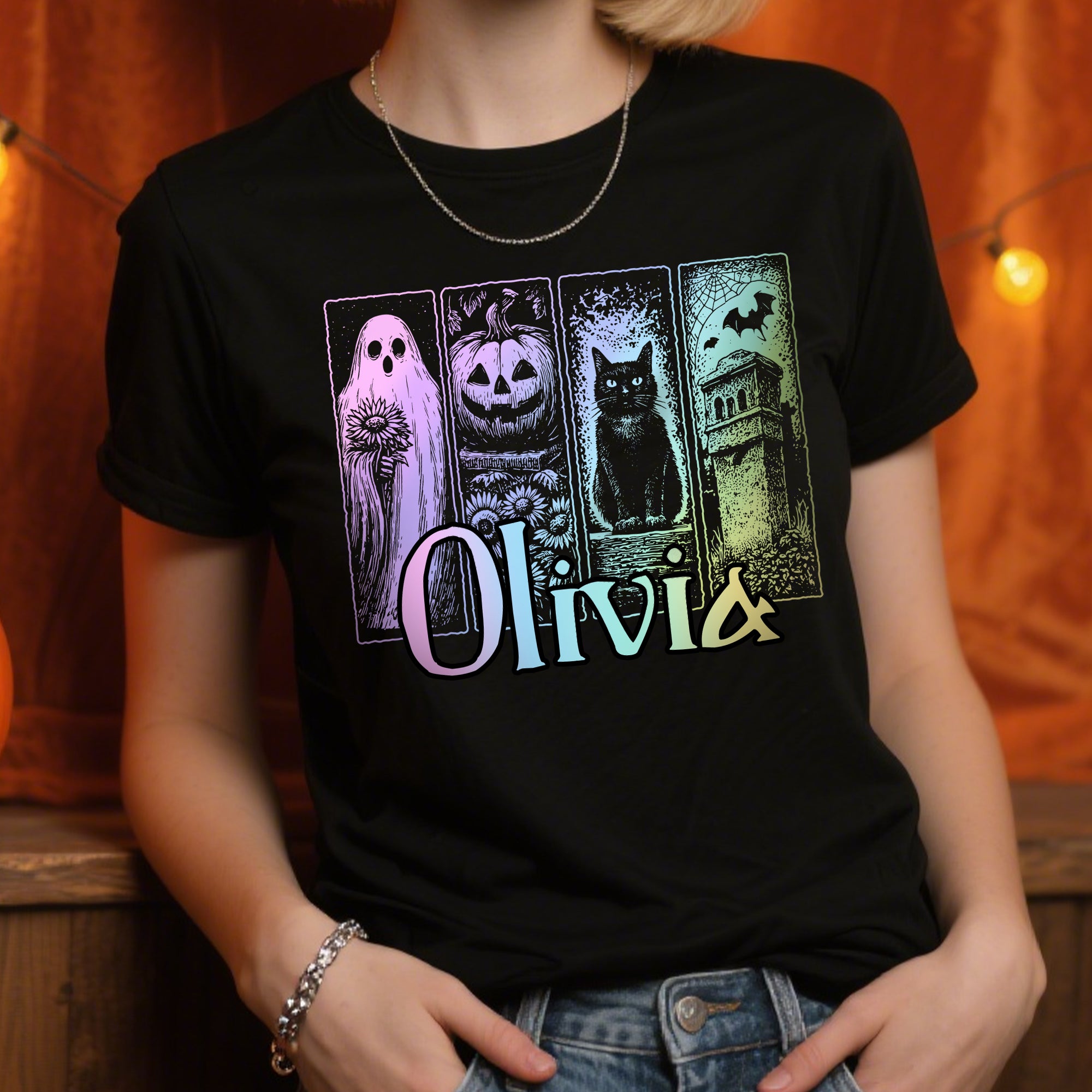 Personalizado gótico calabaza fantasma negro gato castillo multicolor camiseta sudadera con nombre disfraz de Halloween regalo de vacaciones para la familia amigos niñas