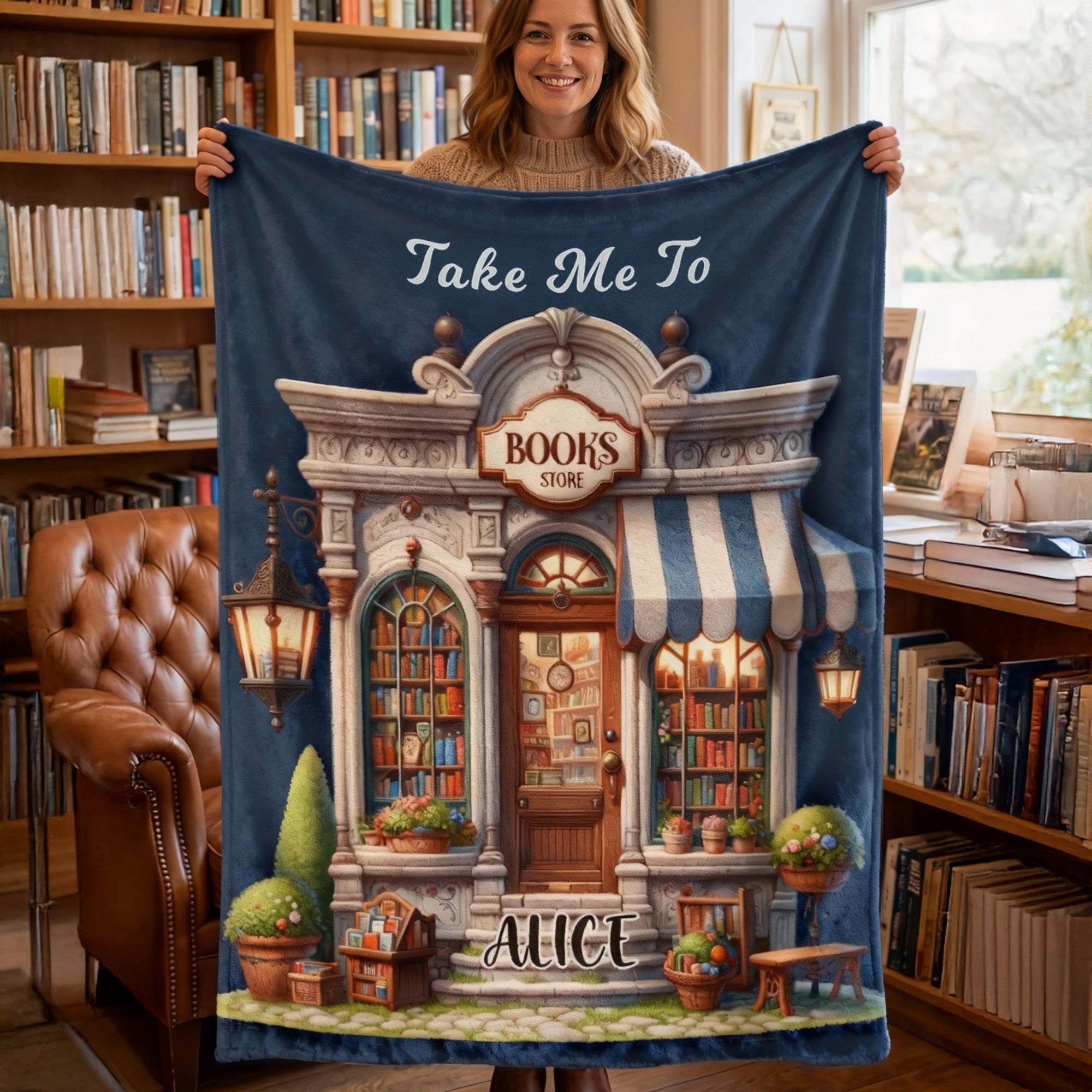 Manta suave personalizada Take Me To Bookstore con nombre Decoración del hogar Regalo de cumpleaños para amantes de los libros Ratones de biblioteca