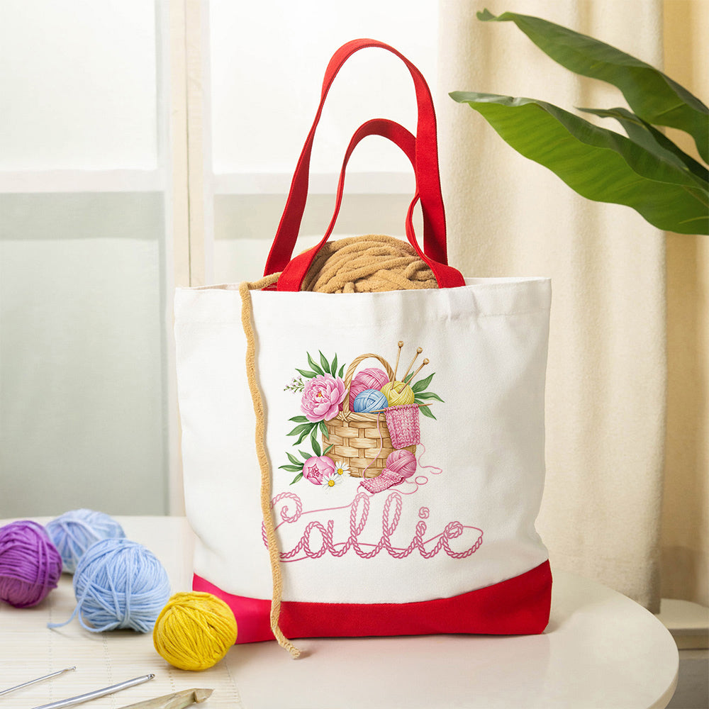 Cesta Floral Personalizada para Hilos Bolsa de Lona Reutilizable con Nombre Accesorios de Viaje Regalo de Cumpleaños Día de la Madre para Crochters Amantes del Punto