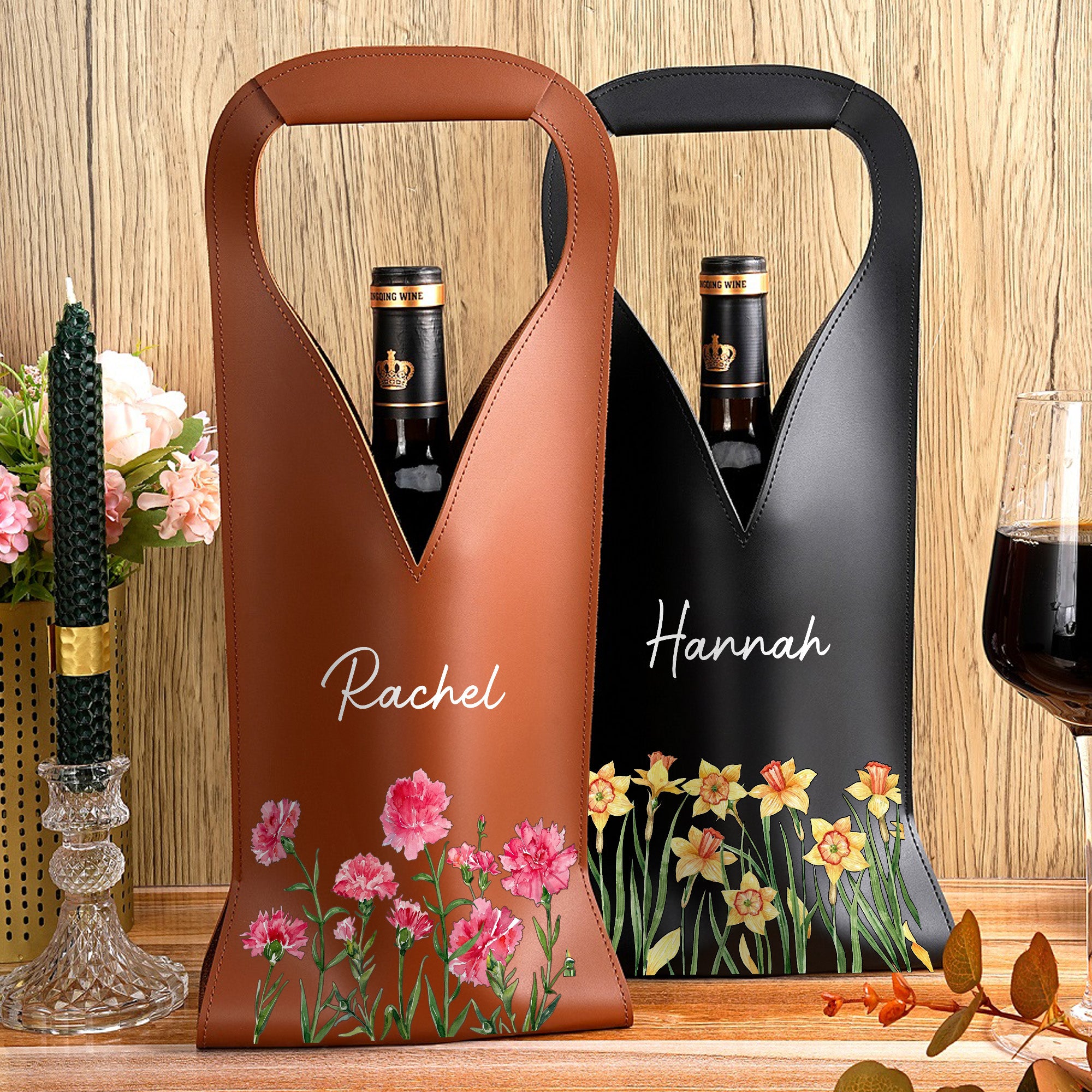 Acuarela Personalizada Flor de Nacimiento Bolsa de Vino de Cuero PU con Nombre Día de la Madre Cumpleaños Aniversario Regalo para los amantes del vino
