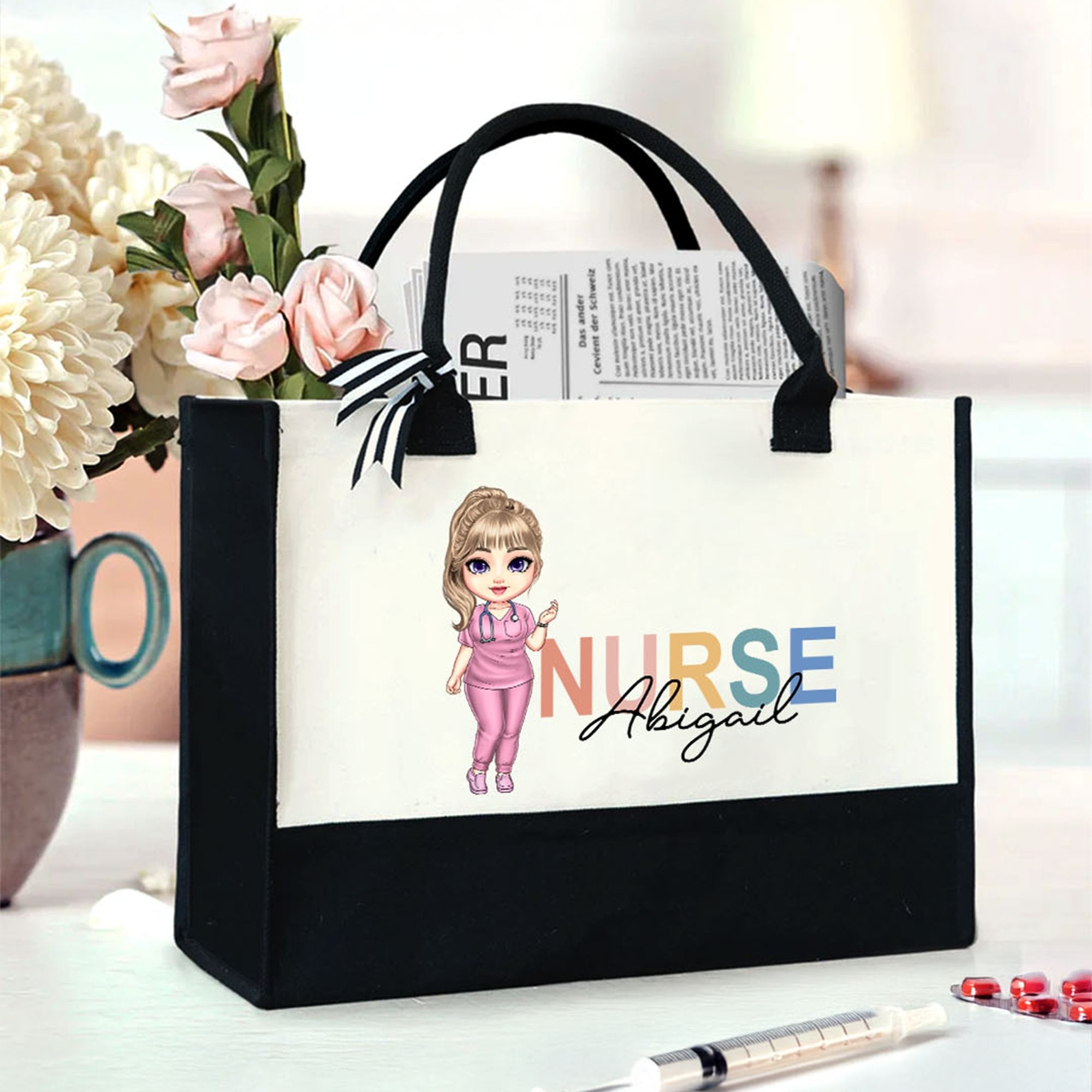 Personalizada de dibujos animados médico de la enfermera personaje grande bolsa de lona con el nombre y el título de la enfermera de la Semana de Apreciación de Regalo para Mujeres Personal Médico