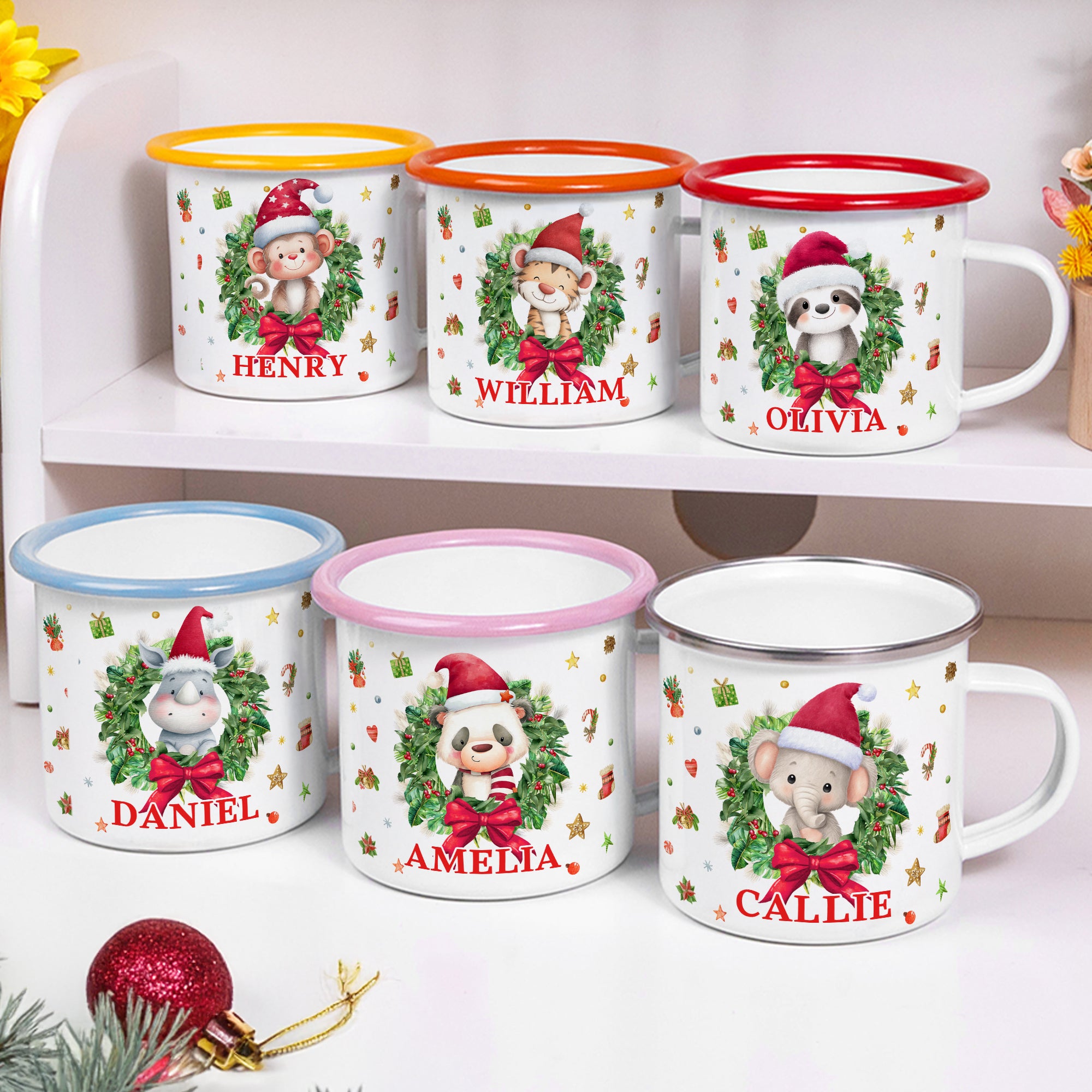Personalizada Corona de dibujos animados de Navidad Sombrero Animal 12 oz Taza de esmalte con el nombre de Navidad Regalo para la Familia Niños