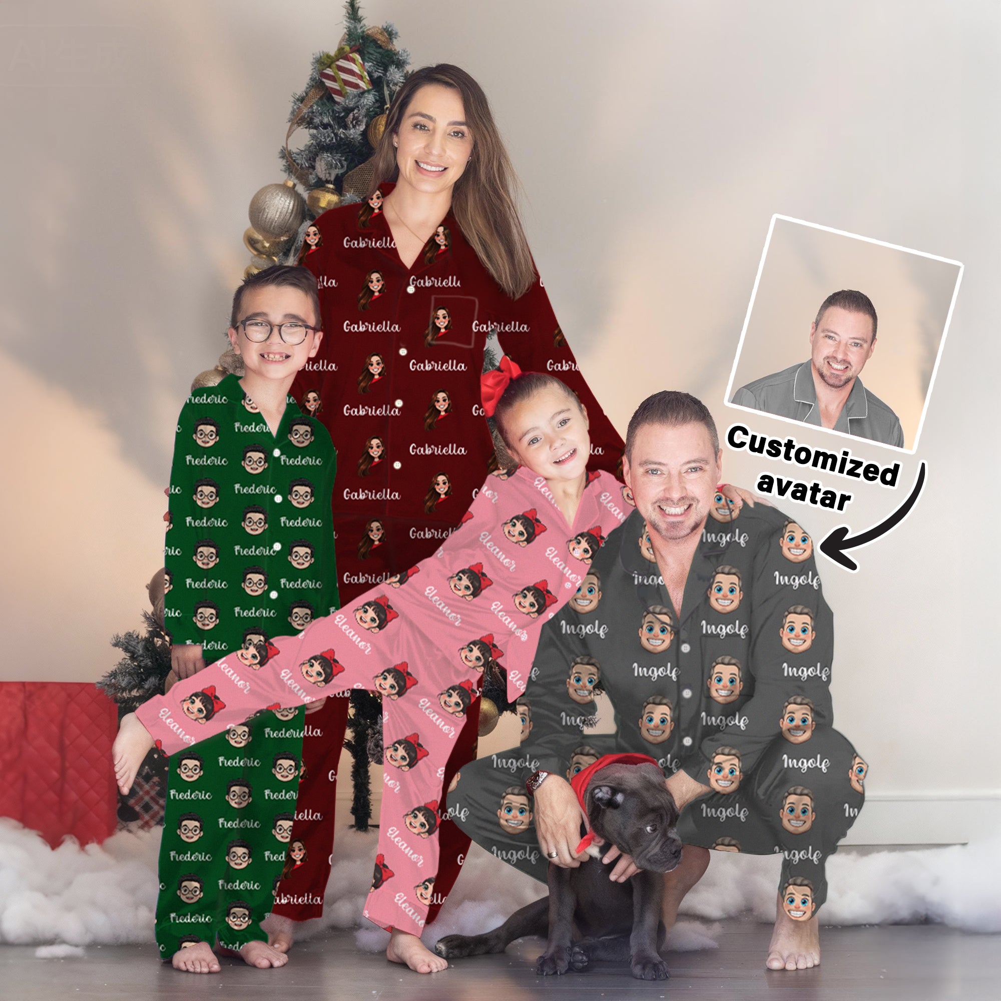 Conjunto de pijama de manga larga personalizado con retrato de dibujos animados multicolor suave con nombres Regalo de cumpleaños de Navidad para niños en familia