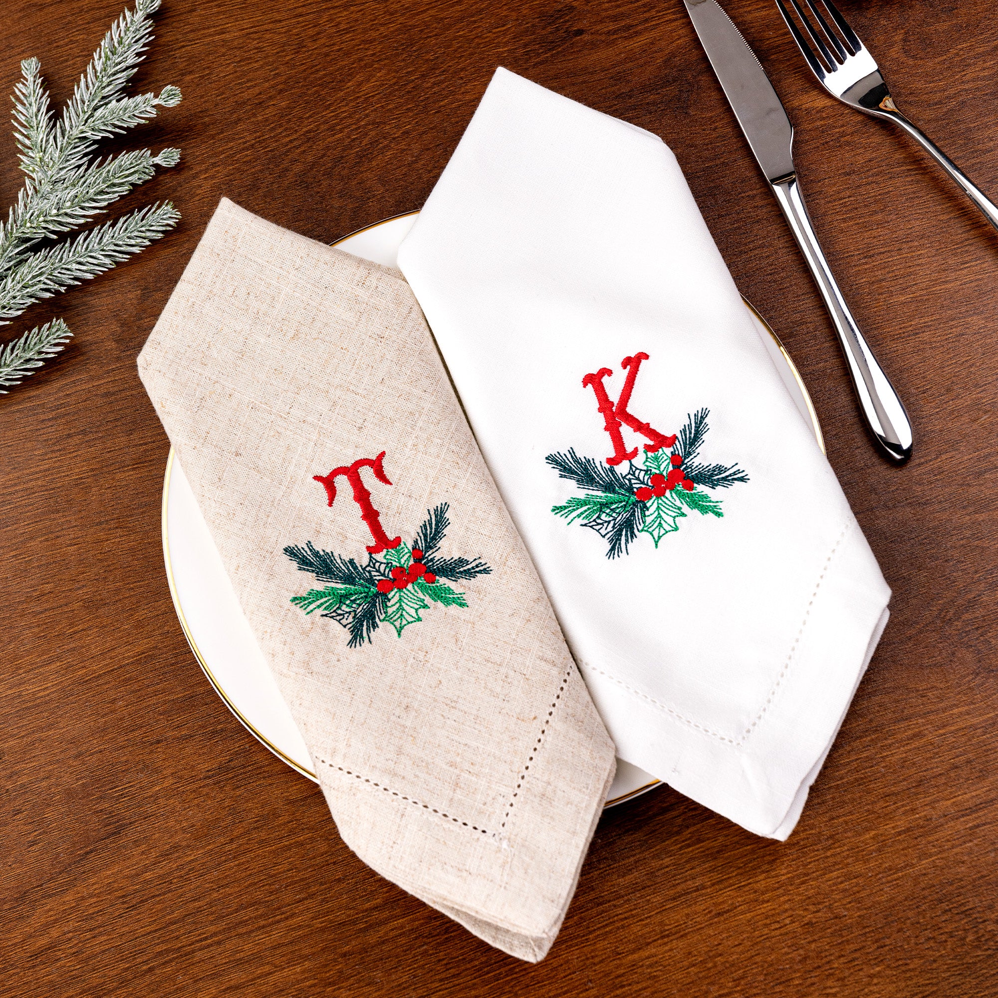 Servilleta cuadrada de lino bordada con iniciales Vintage Mistletoe personalizada y reutilizable Decoración de mesa Regalo de Navidad para amigos Familia Anfitriona