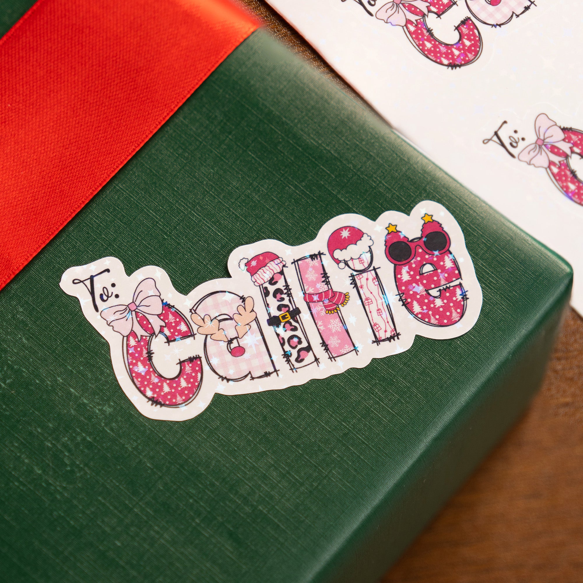 Pegatinas impermeables personalizadas de Papá Noel Alce con nombre Fiesta de Navidad Regalo para la familia