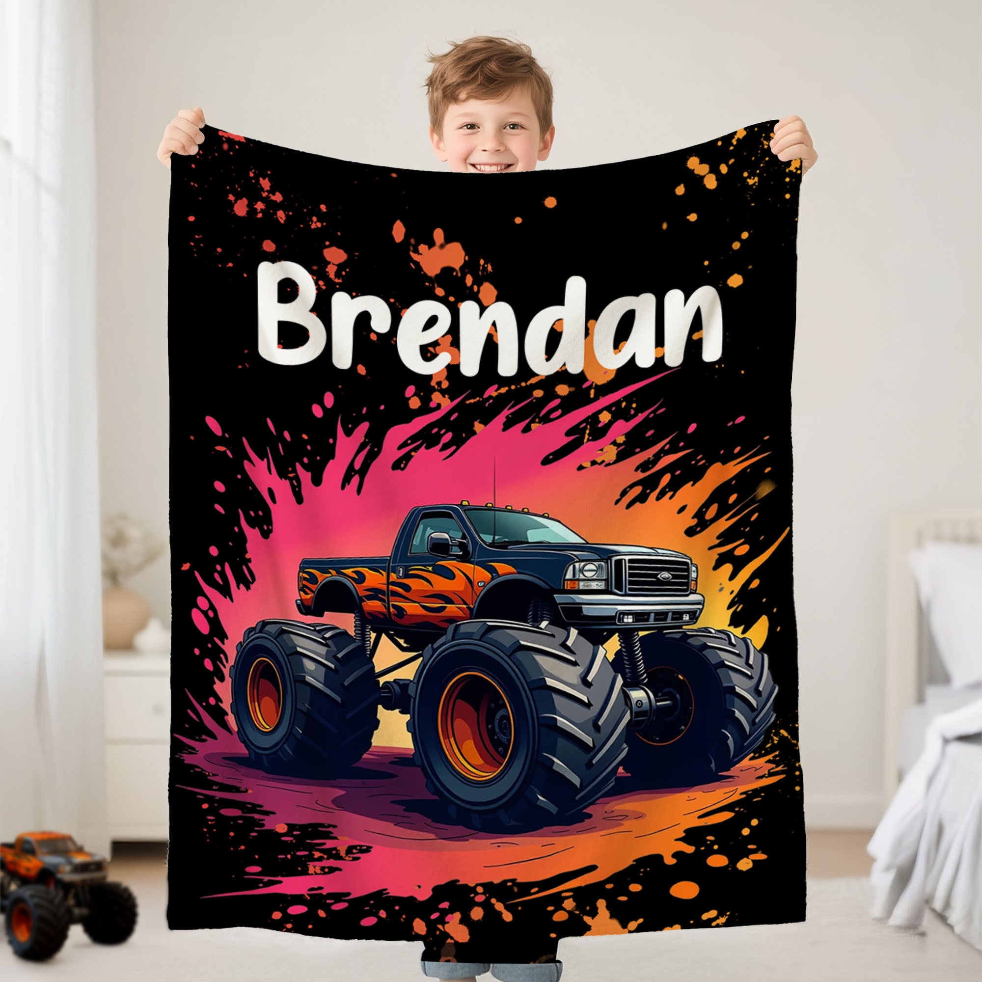 Manta blanda personalizada de camión todoterreno con nombre Decoración del hogar Regalo de cumpleaños para niños Amantes de los camiones