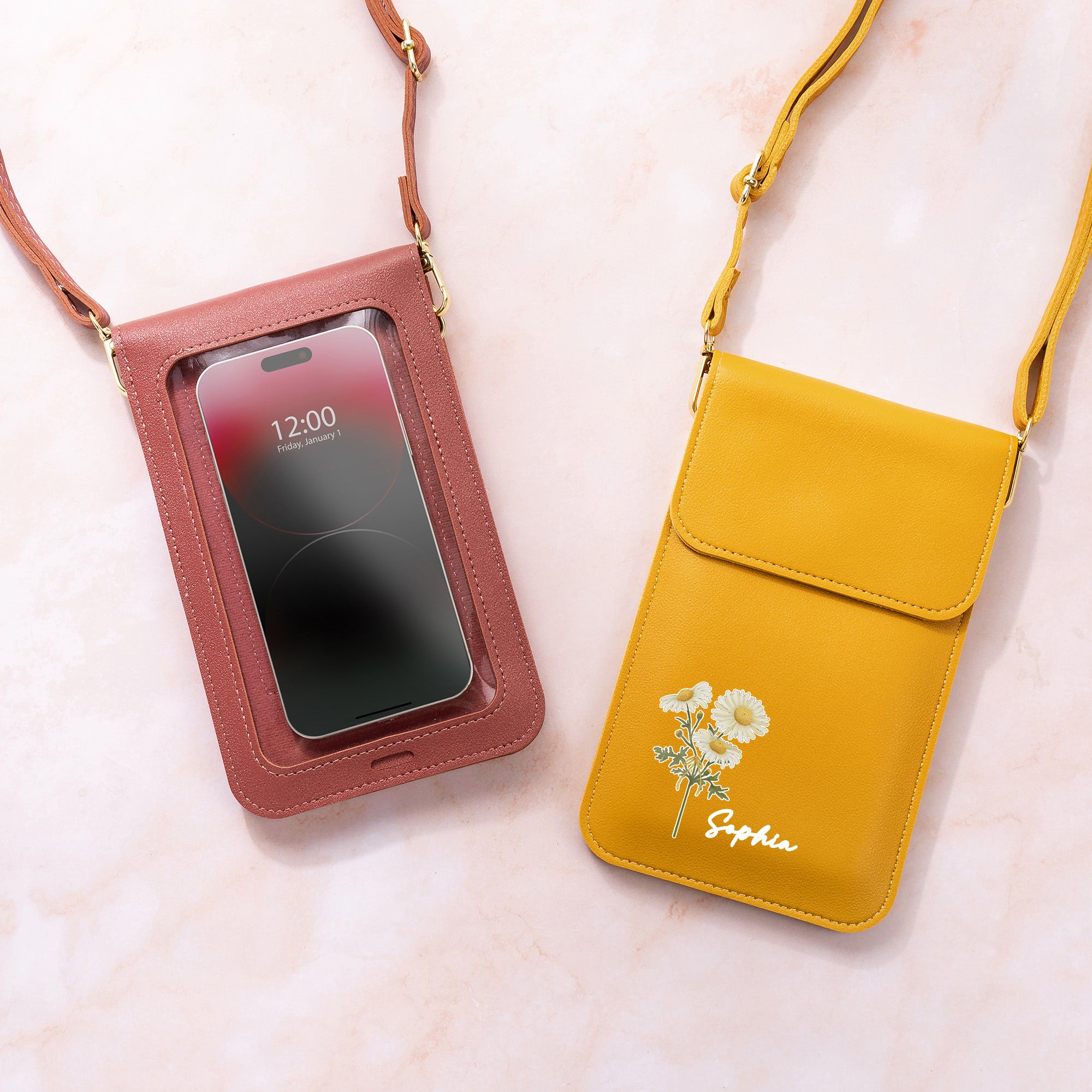 Personalizado Nacimiento Flor Bolsa de cuero portátil de la PU Crossbody con el nombre y la ventana de pantalla táctil de viaje de uso diario regalo de cumpleaños para las mujeres