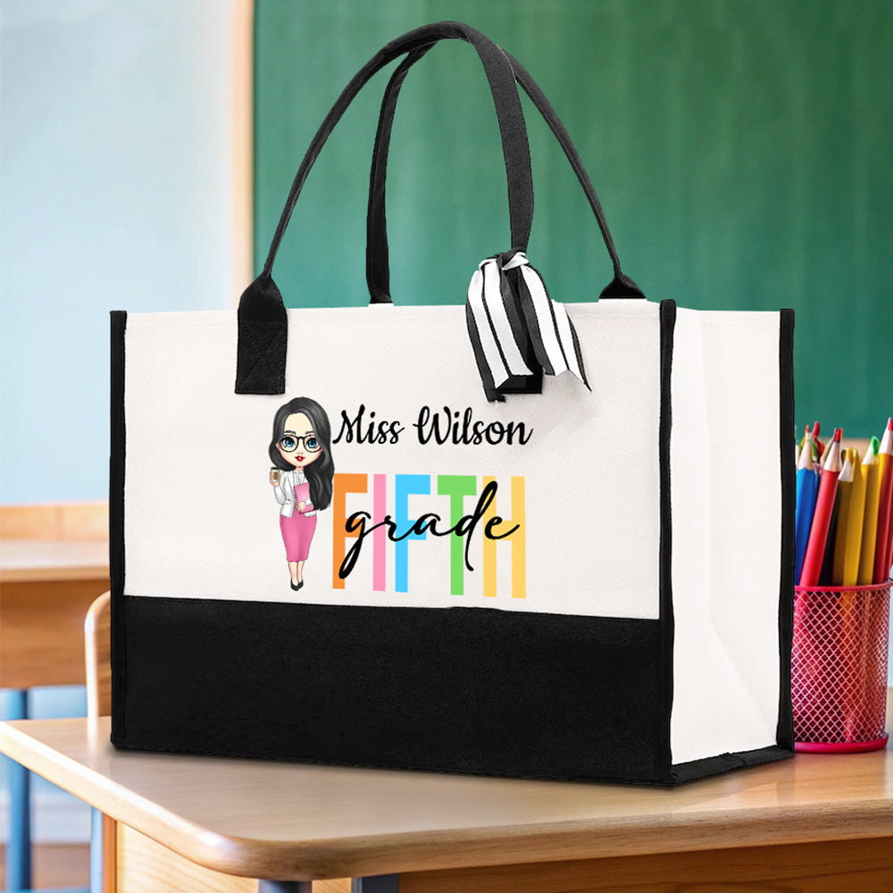 Personalizada de dibujos animados Maestro Grado Bolsa de lona con nombre Cumpleaños Día del Maestro Regalo para ella