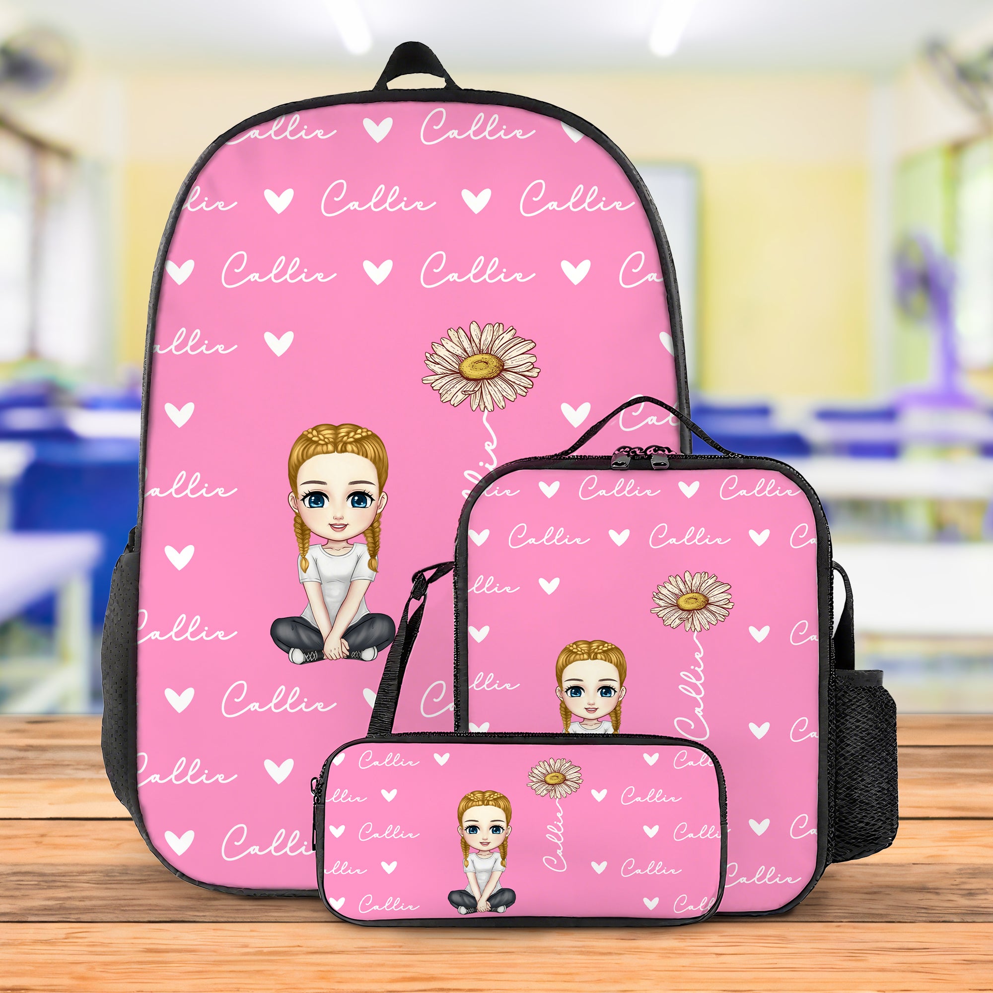 Personalizado lindo personaje de dibujos animados Corazón Nacimiento Flor Mochila Bolsa de almuerzo Estuche con nombre de vuelta a la escuela Regalo de cumpleaños para niños Niñas