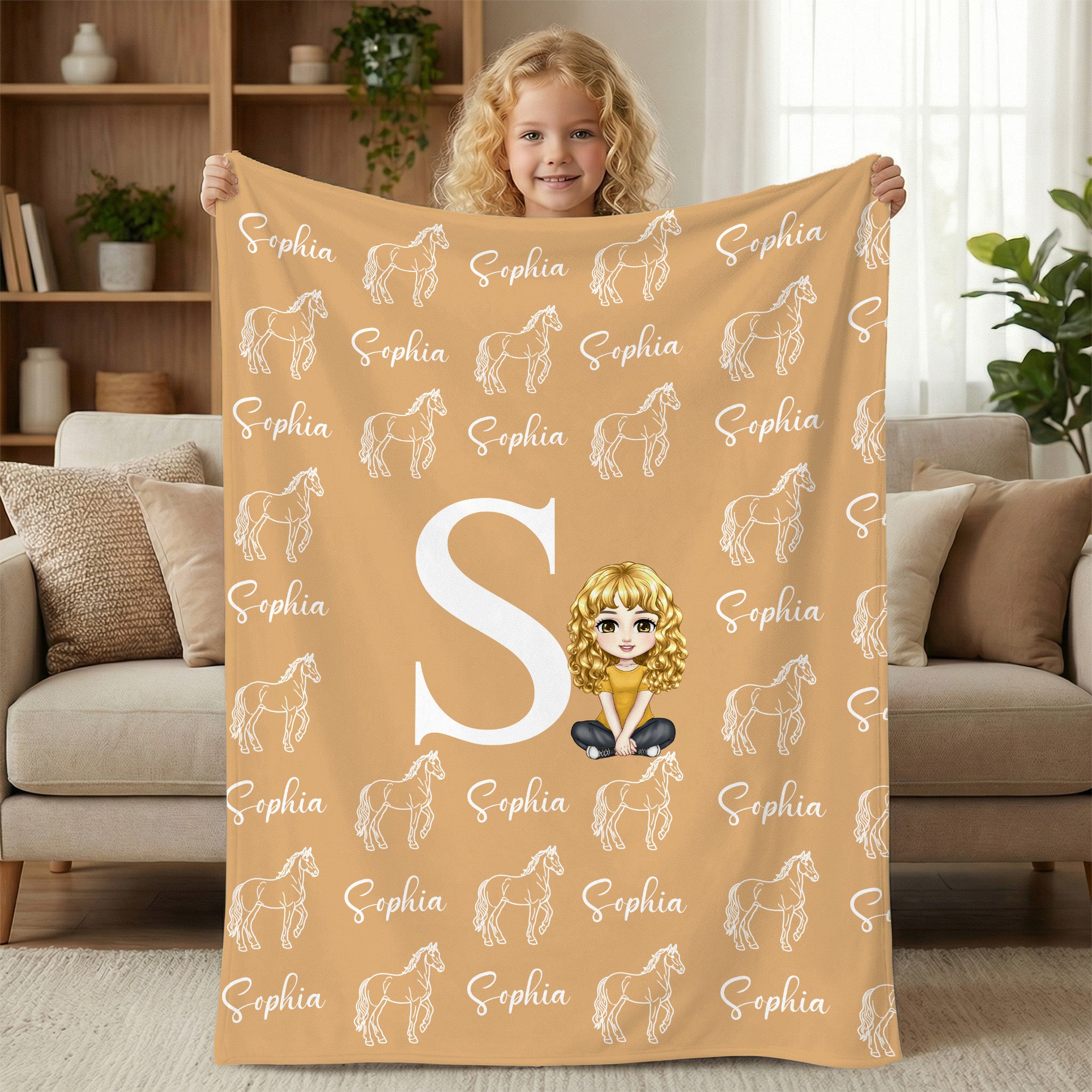 Silueta de caballo personalizada Diseño de personajes de dibujos animados Suave manta con nombre e inicial Decoración del hogar Regalo de cumpleaños para los amantes de los caballos