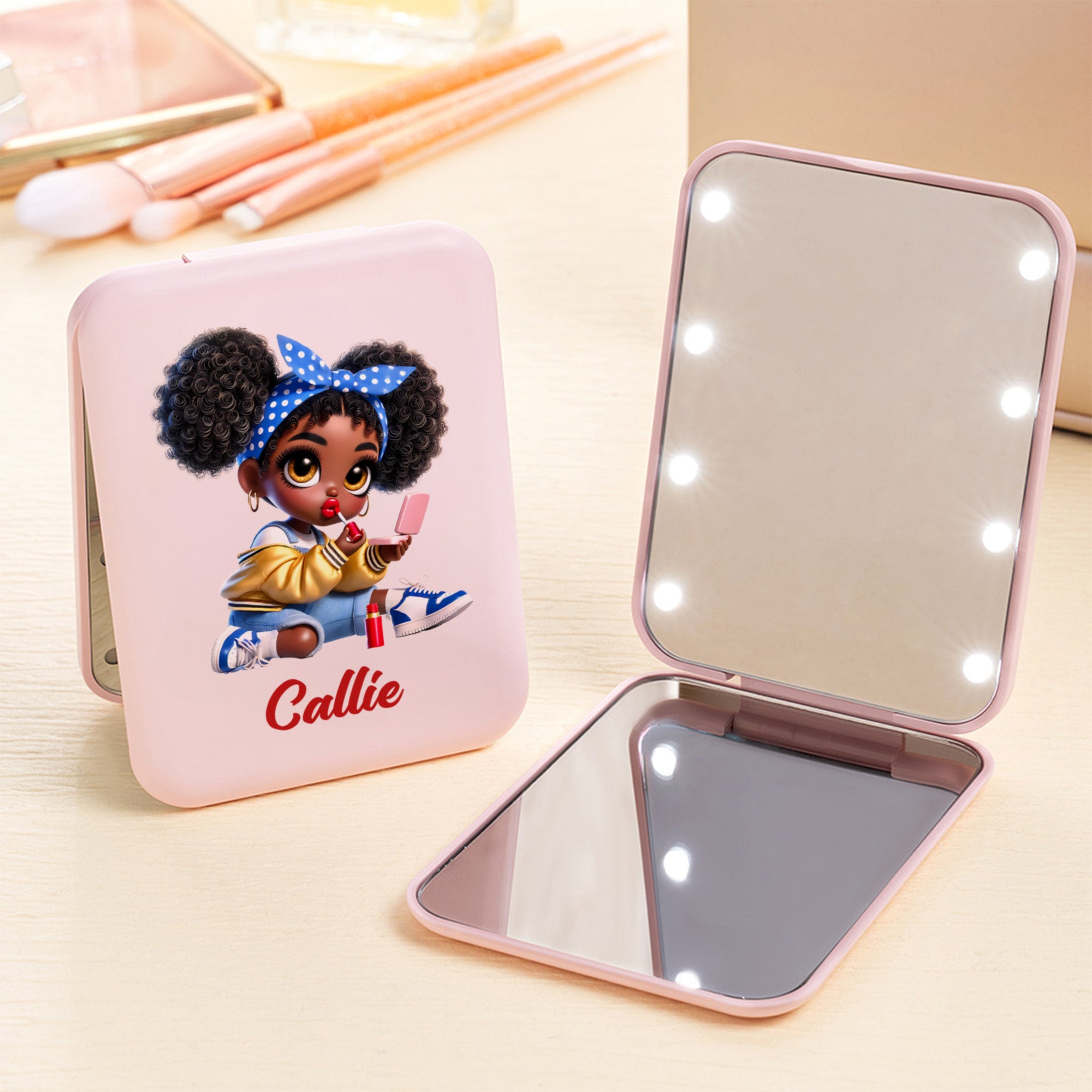 Espejo de bolsillo personalizado para niña con nombre y luz LED Herramientas de maquillaje Uso diario Cumpleaños Regalo de boda para niñas Mujeres