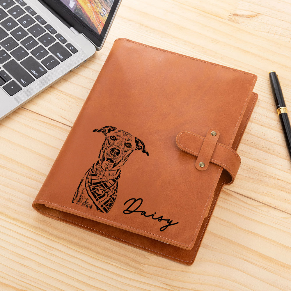 Personalizado Perro Gato Mascota Retrato Diseño A5 PU Cubierta de cuero cuaderno con nombre y bolsillo de almacenamiento de viaje esencial regalo de cumpleaños para el amante del animal doméstico