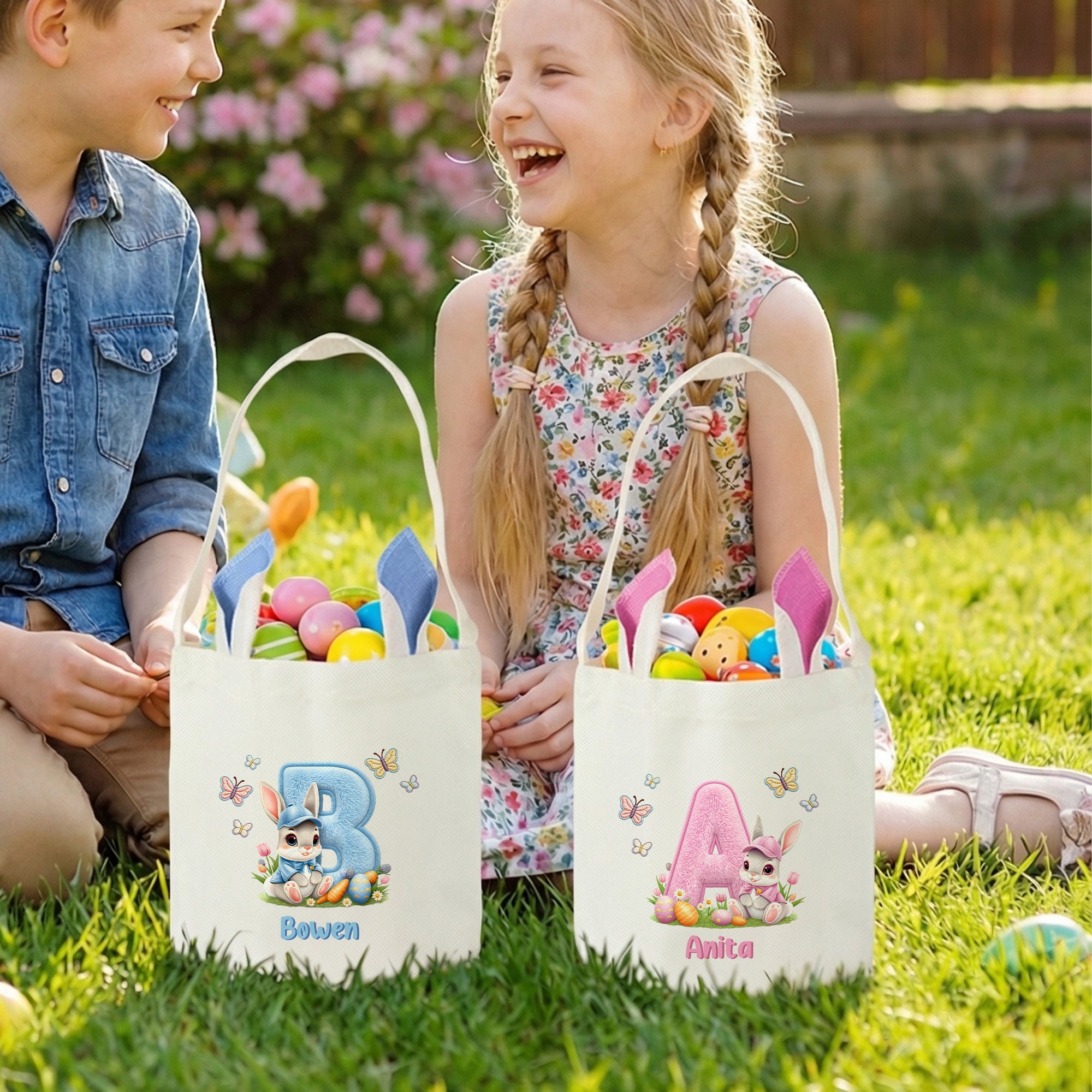 Personalizada mariposa lindo conejo orejas cesta de Pascua con el nombre y la inicial de los huevos de caza del partido Favor de Pascua de regalo para los niños