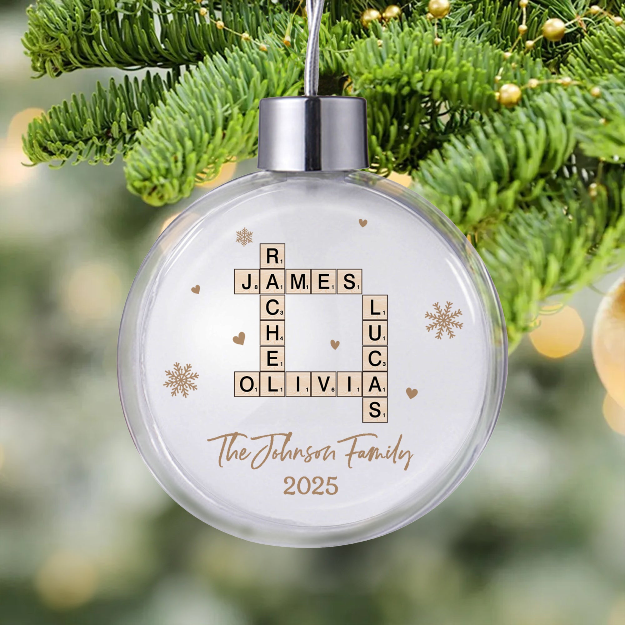 Personalizado copo de nieve Crucigrama Arte Acrílico Navidad Bola Ornamento con el texto y el año Inicio Árbol Decoración Navidad Regalo para Amigos de la Familia
