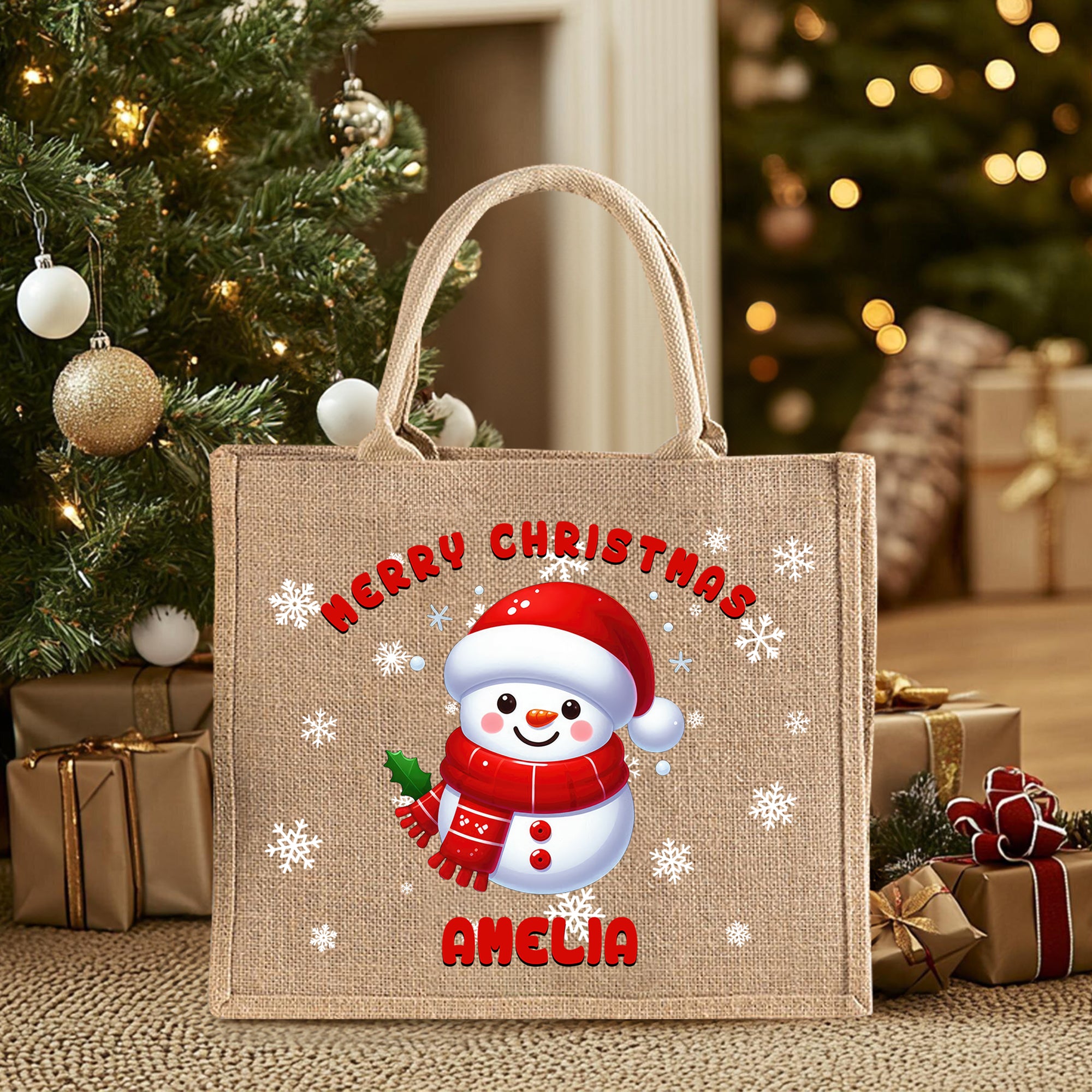 Personalizada Navidad Muñeco de Nieve Bolsa de Yute de Gran Capacidad con Copo de Nieve y Nombre Uso Diario Fiesta de Navidad Regalo para Mujeres Familia Amigos