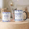 Taza de cerámica personalizada Toile De Jouy 1-7 Line Art Cats Design 11 oz 15 oz con nombre y posavasos Regalo de cumpleaños conmemorativo para un amante de los gatos