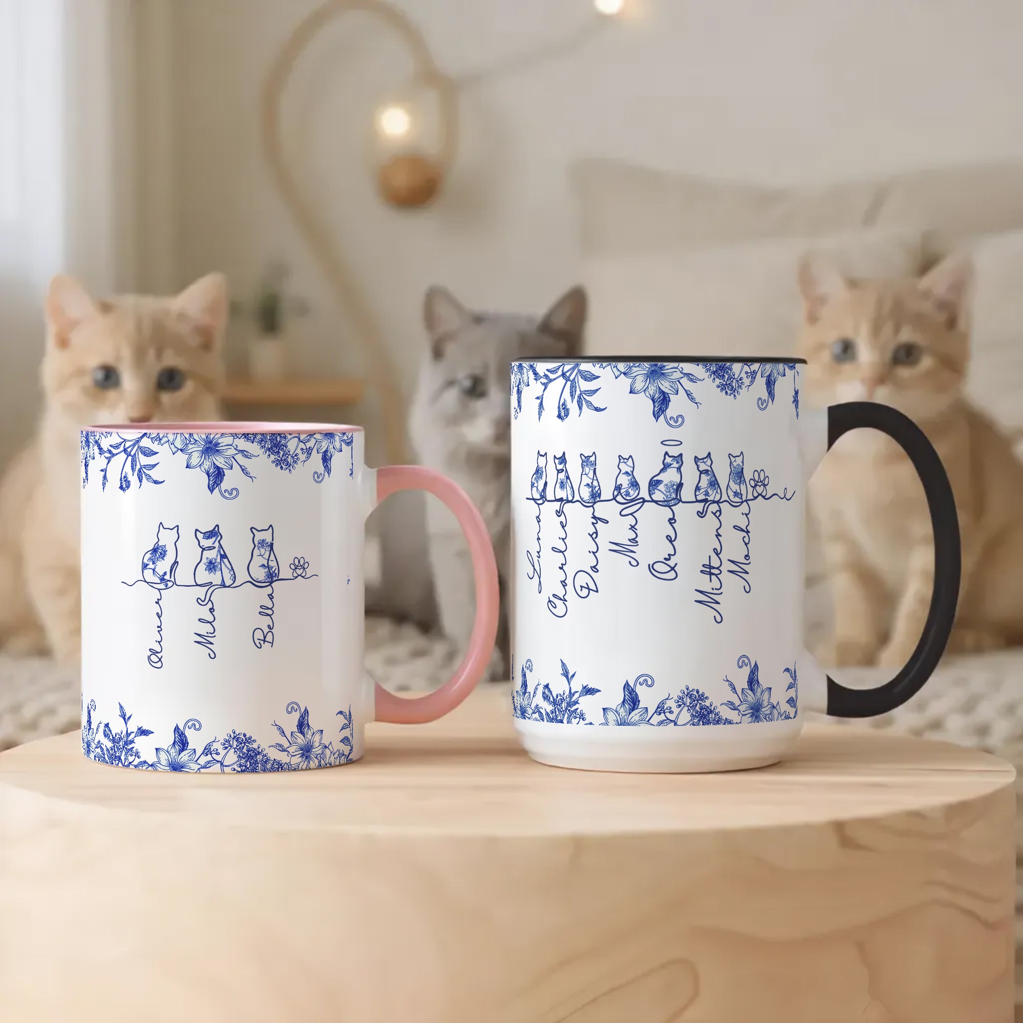 Taza de cerámica personalizada Toile De Jouy 1-7 Line Art Cats Design 11 oz 15 oz con nombre y posavasos Regalo de cumpleaños conmemorativo para un amante de los gatos